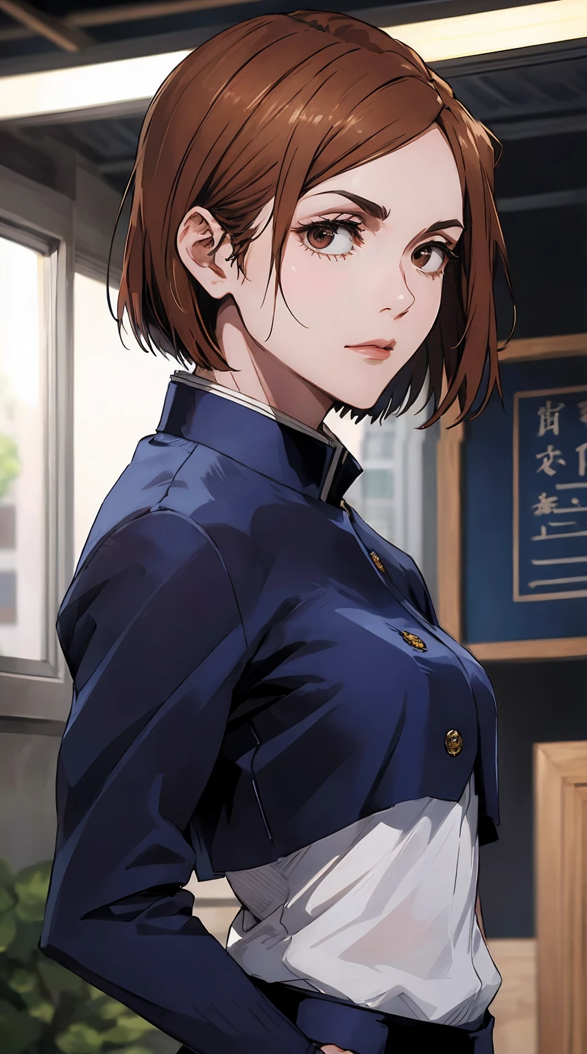 1girl, portrait, beautiful Nobara, school_uniform, bangs, jacket,, volumetric lighting, best quality, masterpiece, intricate details, tonemapping, sharp focus, hyper detailed, trending on Art Station, 4k, upper body, looking ahead