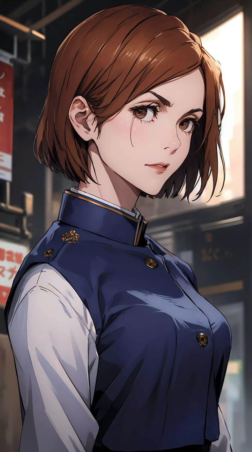 1girl, sitting, beautiful Nobara, navy blue school_uniform, bangs, brown jacket,, volumetric lighting, best quality, masterpiece, intricate details, tonemapping, sharp focus, hyper detailed, trending on Art Station, 4k, whole body, looking ahead