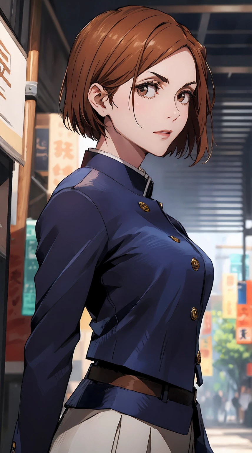 1girl, portrait, beautiful Nobara, school_uniform, bangs, jacket,, volumetric lighting, best quality, masterpiece, intricate details, tonemapping, sharp focus, hyper detailed, trending on Art Station, 4k, upper body, looking ahead