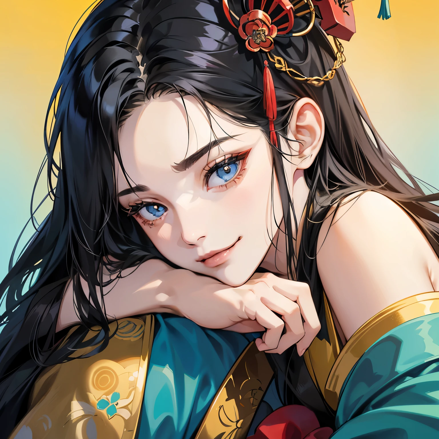 (table top, digital art, digital illustration, 4K, 8K, super detailed, beautiful images, clear image, realistic, RAW photo, perfect face, perfect lines, perfect eyes, soft lighting) ,1 female, (long black hair,parted bangs、bullish look,beautiful woman,closed mouth,smirk,Mature,(slender,),23 year old female,:1.3),Oiran's attire、gold kimono hair ornament、Bright blue and black solid color gradient background、face focus、perfect hands