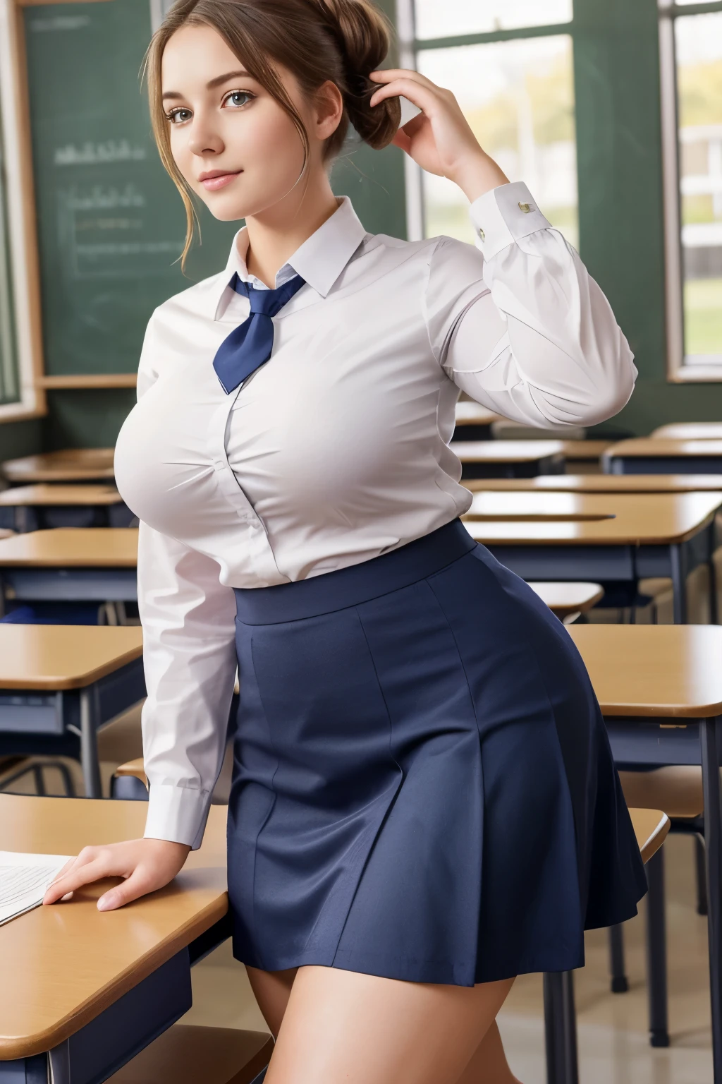 30yo  in school school photo in school masterpiece, (photorealistic:1.4), best quality, beautiful lighting,Eleanor Spenish Woman 20yo Old Big Breasts Plus Size Model Bun lHair Bun Hair Hair Lifts Skirt Up Raised Skirt