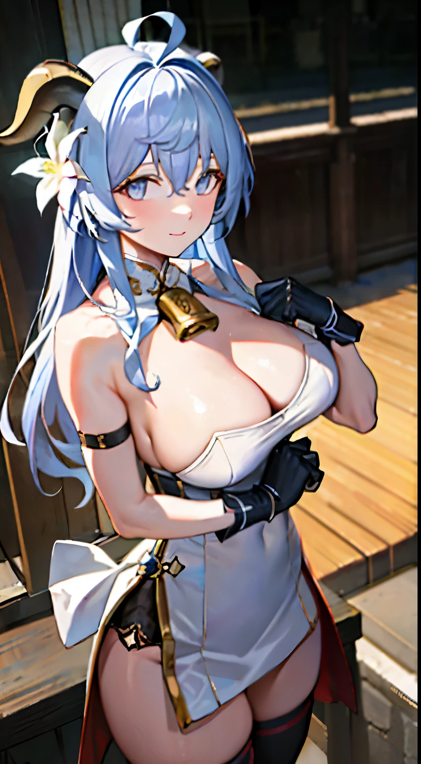 (realistic:1.4), (Masterpiece, side lights, Beautiful eyes with good details: 1.2), Masterpiece*Portrait, realistic, 3D face, hired \(Genshin Impact\), 1 girl, ahoge, architecture, smoothly，(Close-up photo 1.5)，(Cleavage 1.3)，(big breasts)，(Bare shoulders 1.3)，bell，black gloves，black stockings，（blue hair），Blush，Beautiful breasts，chinese knot，sleeve，flower knot，boxing gloves，Cow horn，long white hair，Look at the audience.，Middle bust，Neckbells，ancient building roof