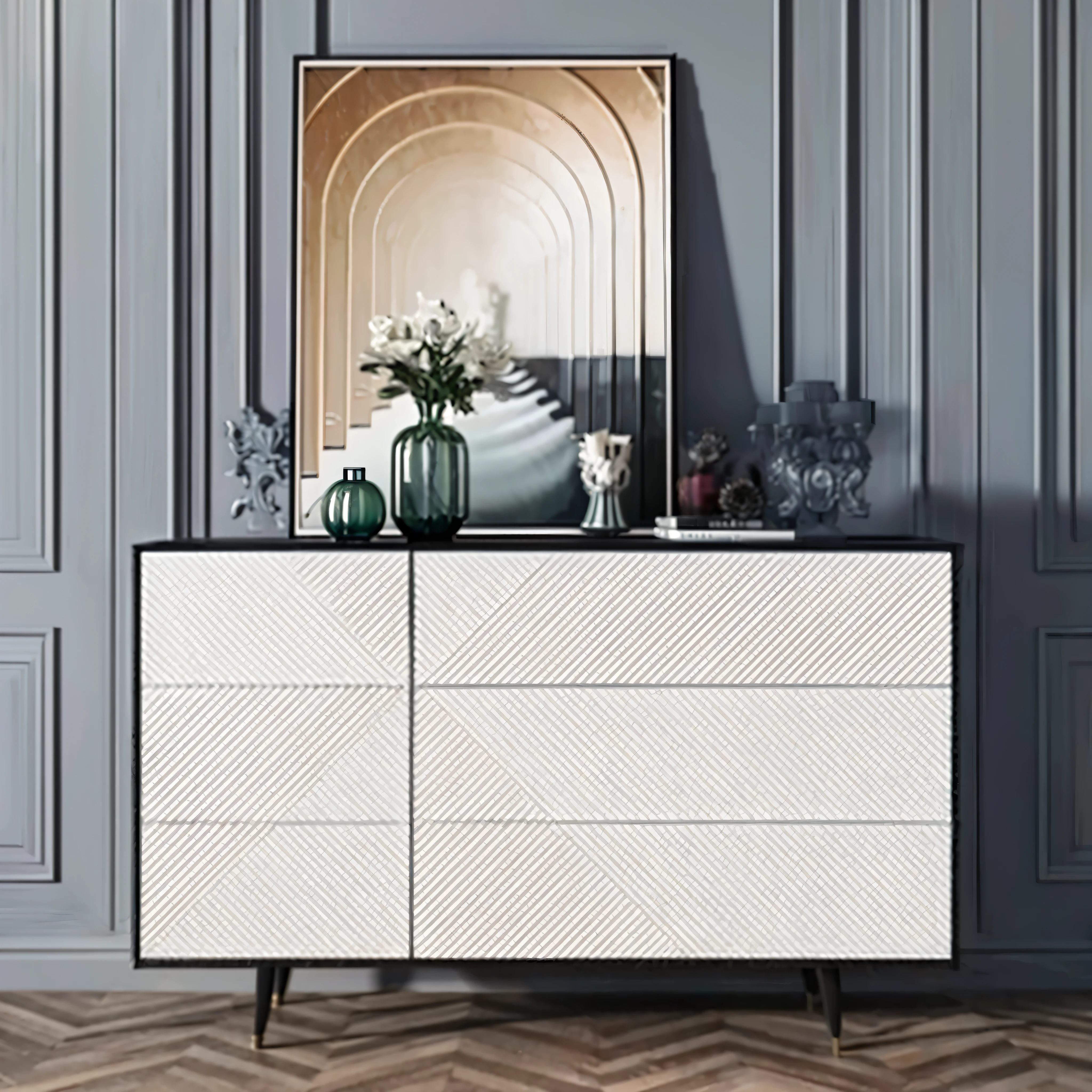 a white dresser，There is a vase and multiple vases on it, Rich in details、Full of texture, with intricate details, cabinet furniture, with intricate detailss, Low details and clean lines, with intricate details, black and white scheme, black and white painting, With 3D rendering, With 3D rendering, many details, Elegant and refined, High quality rendering