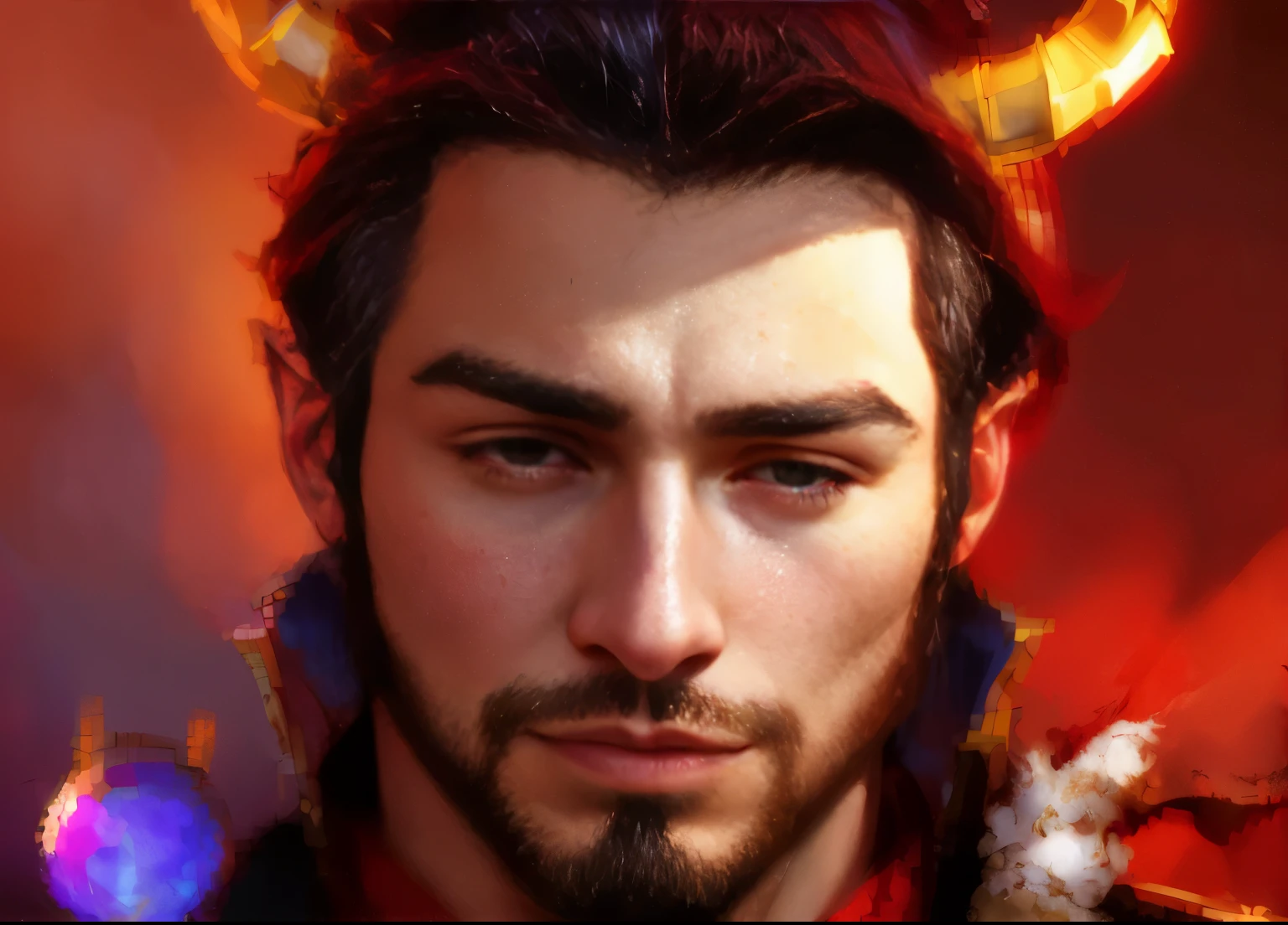 there is a man with horns holding a goat in his arms, portrait of a red sorcerer, fantasy male portrait, Fantasy character portrait, inspired by Chris from Deltarrune, Close-up character portrait, fantasy portrait, Artgerm and Atey Gaylan, Darius Zawadski and Tom Bagshaw, Donato Giancola and Tom Bagshaw