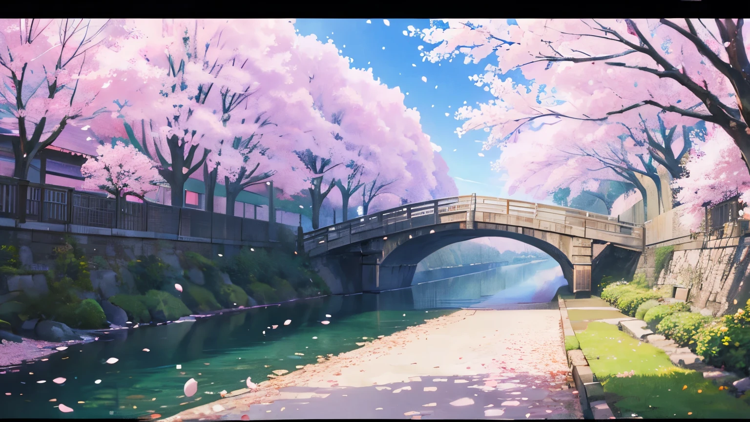 street in the riverside in japan, sakura petals falling, overlay effect, Ghibli-like colours, anime style, film grain, Fujicolor, award winning, high details, high quality, anatomically correct, accurate, masterpiece, UHD