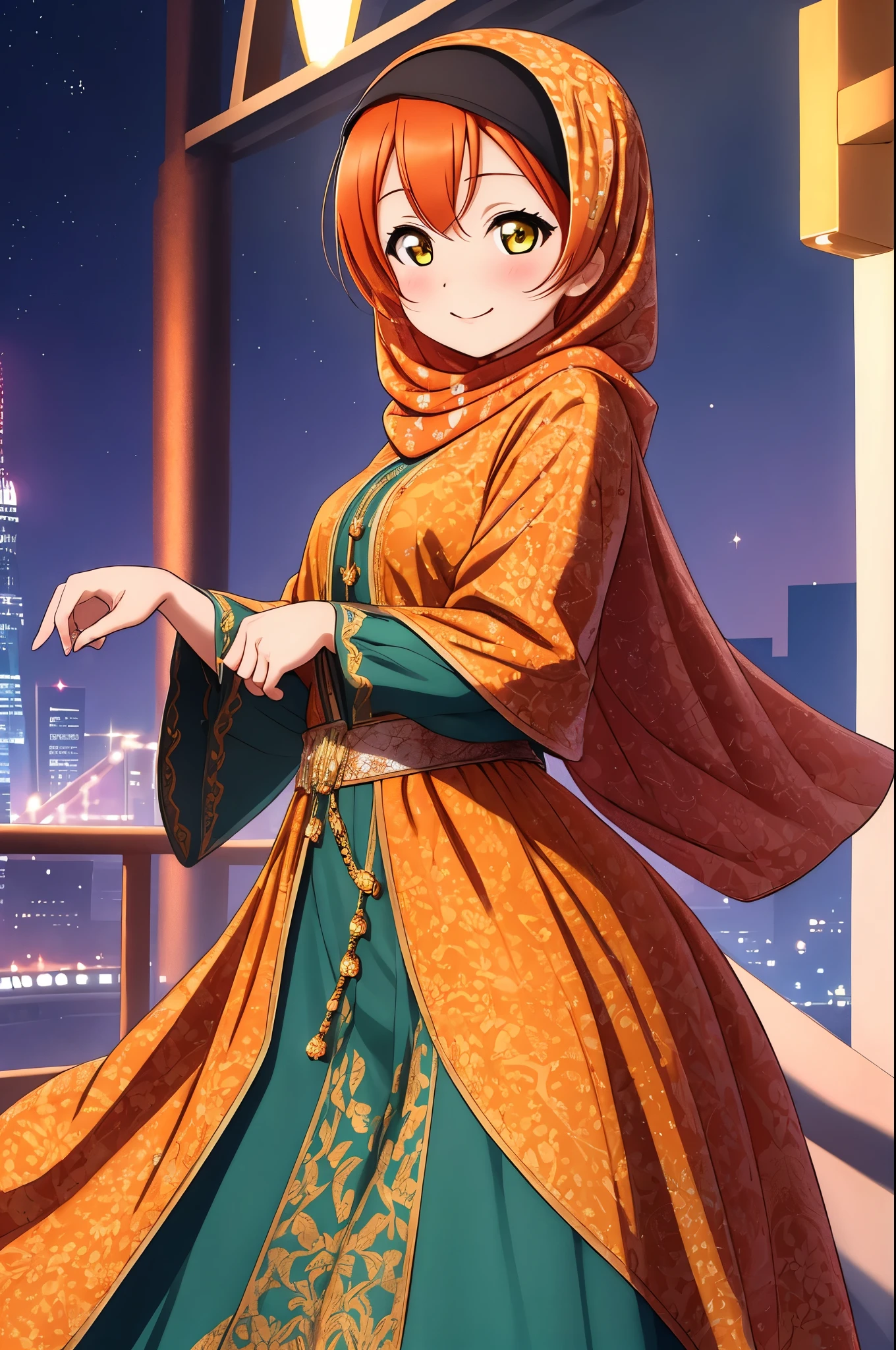 masterpiece, best quality,(hoshizora rin:1.000), cowboy shot,yellow eyes, orange hair,hijabi, long dress