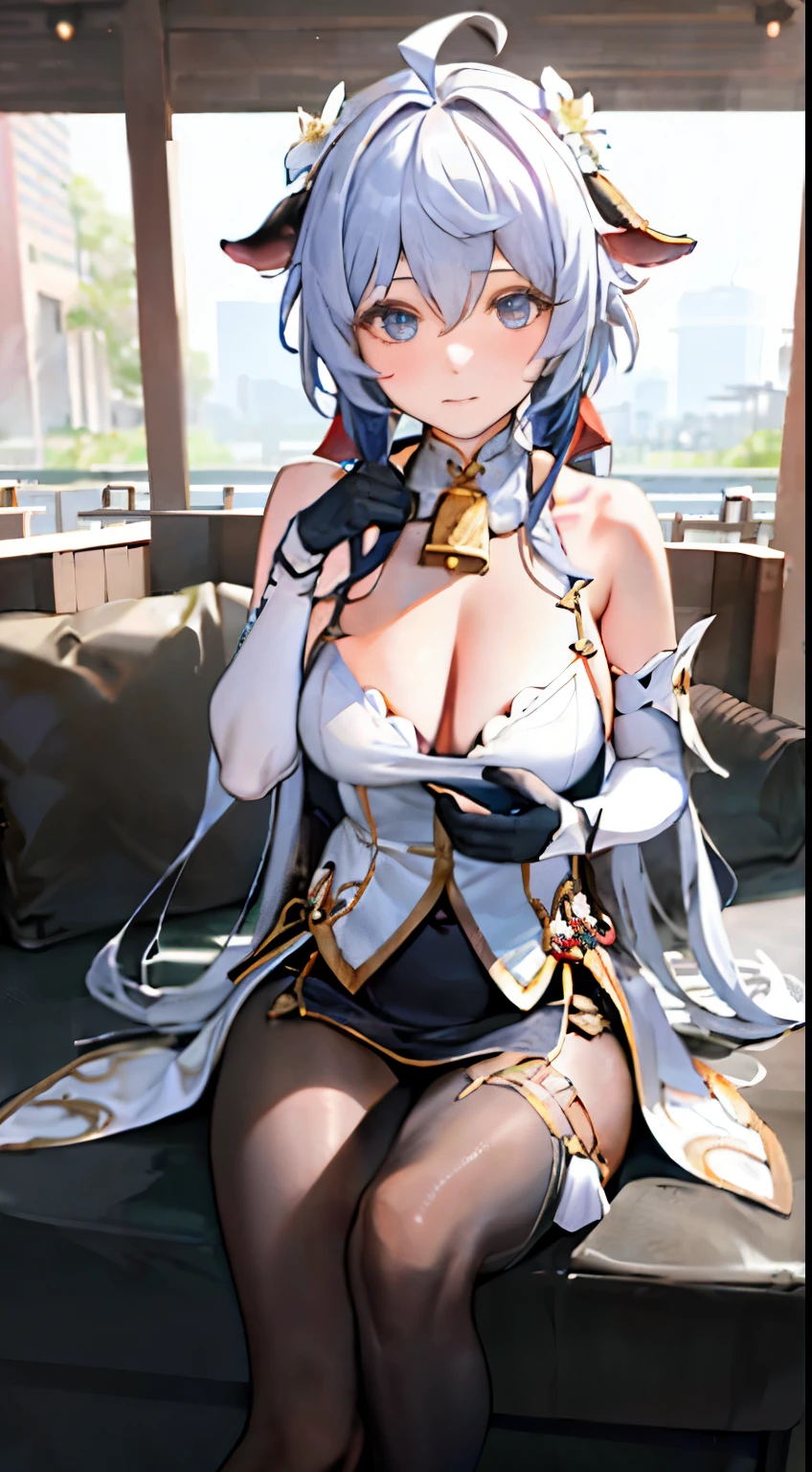 (realistic:1.4), (Masterpiece, side lights, Beautiful eyes with good details: 1.2), Masterpiece*Portrait, realistic, 3D face, hired \(Genshin Impact\), 1 girl, ahoge, coconut, smoothly，(Close-up photo 1.5)，(Cleavage 1.3)，(big breasts)，(Bare shoulders 1.3)，bell，black gloves，black stockings，（blue hair），Blush，Beautiful breasts，chinese knot，sleeve，flower knot，boxing gloves，Cow horn，long white hair，Look at the audience.，Middle bust，Neckbells, สวนcoconut, ถือลูกcoconut
