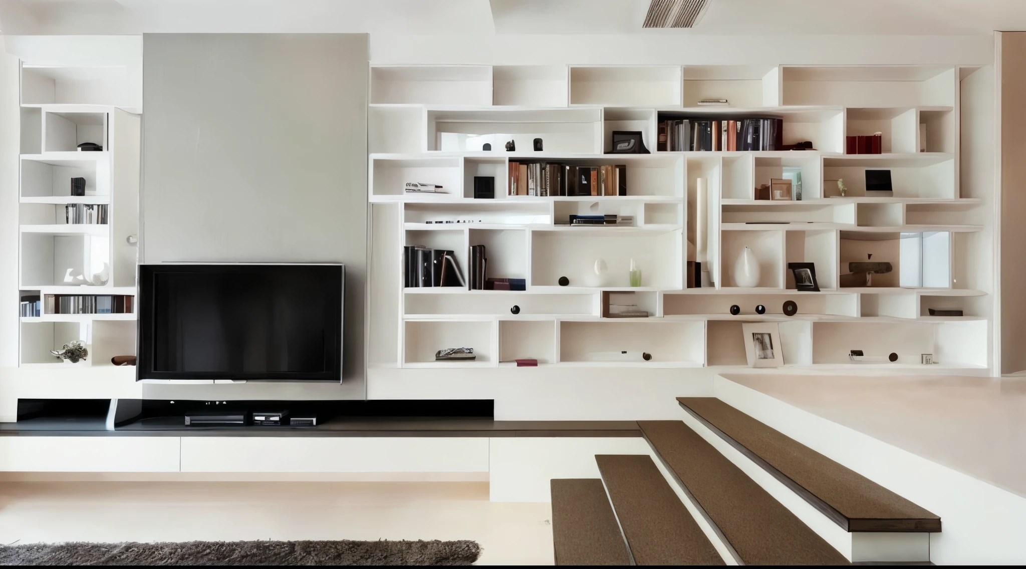 Close-up of TV on shelf in room, stairs and bookshelves, popular Interior design style, shelves, wall to wall bookcase, bookshelves on sides, Interior design, bookshelves, Split-level living room, Interior design architecture, book shelves, modern Interior design, indoor liminal space, Neat and tidy, Simple and beautiful