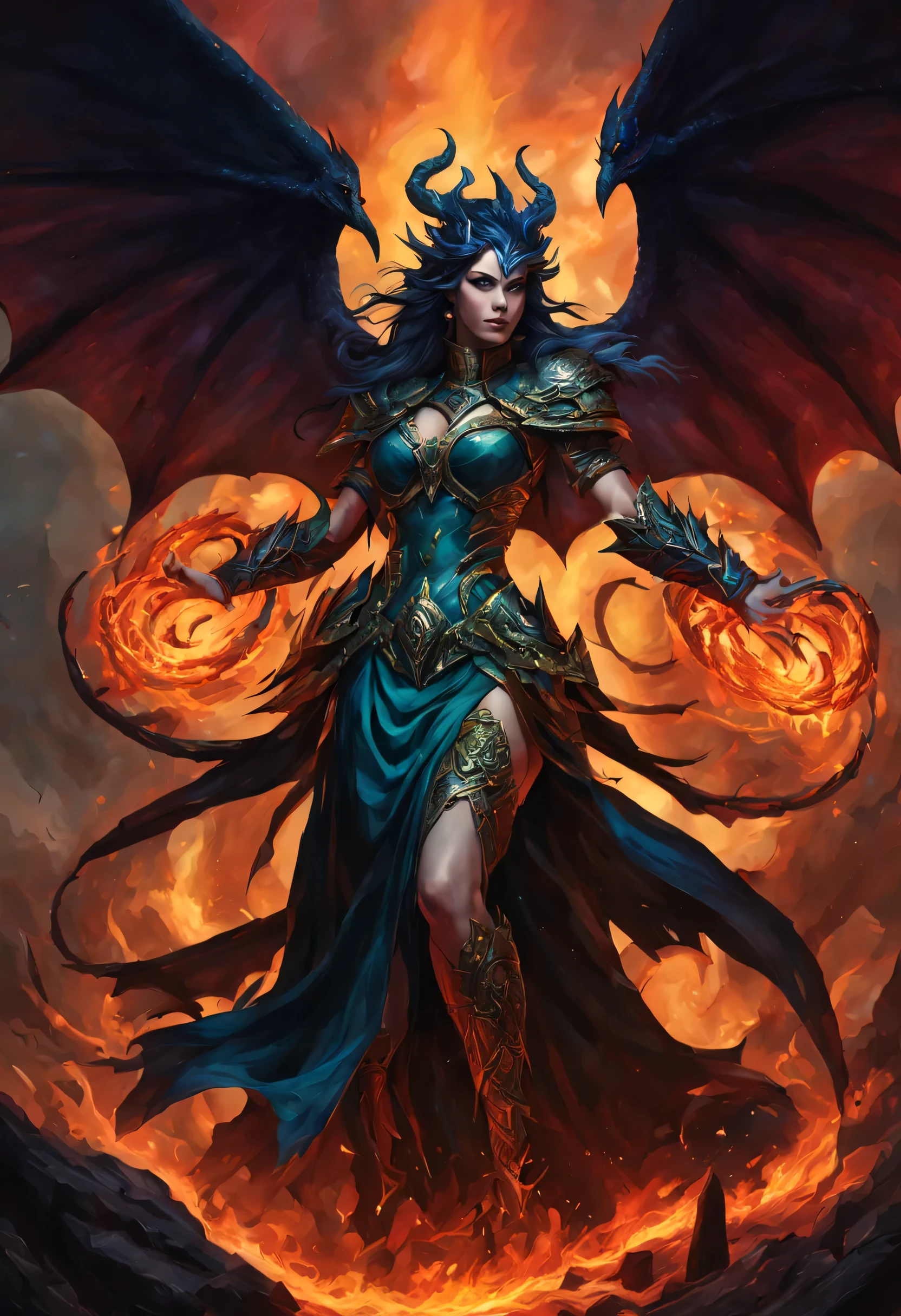 Tiamat, the fearsome Chromatic Dragon Queen, embodies the darkest depths of draconic power and malevolence. With her five heads, each bearing the visage of a different chromatic dragon—black, blue, green, red, and white—she commands legions of evil dragons and fiends from the depths of the Nine Hells.
Her immense form is wreathed in scales of varying shades, ranging from jet black to bone white, each as hard as adamantine and as sharp as obsidian. Her wings, spanning vast distances, cast shadows that darken the skies and instill fear in the hearts of mortals.
Tiamat's eyes gleam with an unearthly intensity, burning with an insatiable hunger for power and domination. From her maw, she unleashes torrents of elemental fury—gouts of flame, bolts of lightning, toxic gases, and freezing blasts—that devastate all who oppose her.
Her presence exudes a palpable aura of dread and despair, causing even the bravest warriors to tremble in her presence. She is worshipped by cults of fanatical followers who seek to unleash her wrath upon the world and usher in an age of darkness and chaos.
Tiamat's lair is a labyrinthine fortress of bone and sinew, hidden deep within the bowels of the earth or atop towering peaks veiled in perpetual storms. Here, she schemes and plots, weaving webs of intrigue and manipulation to further her insidious agenda and extend her influence across the realms.
In the annals of legend and lore, Tiamat is the ultimate embodiment of draconic tyranny and destruction, a force of darkness that threatens to consume all who dare to defy her reign of terror.