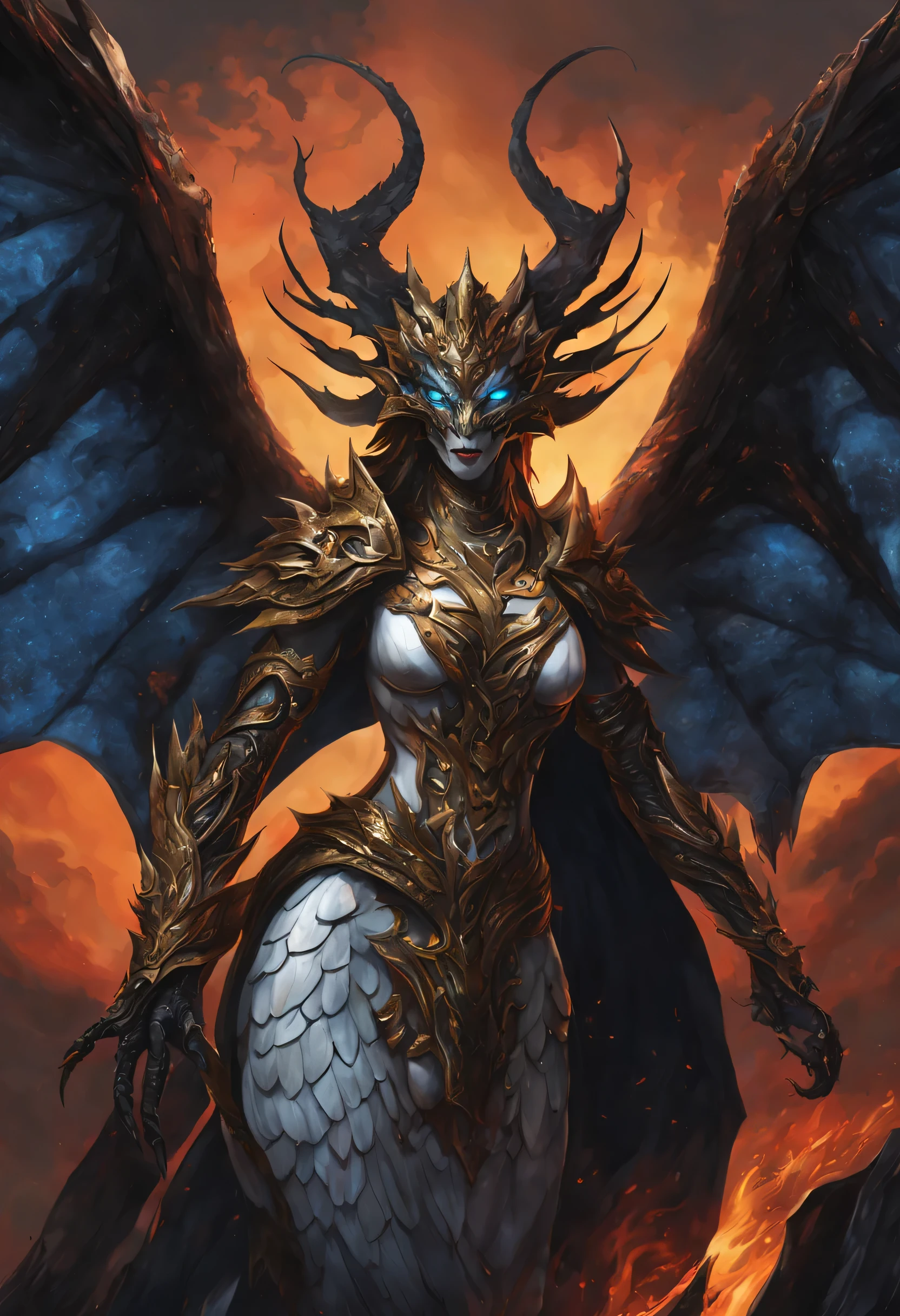 Tiamat, the Chromatic Dragon Queen, is a colossal and terrifying creature of draconic majesty. Her immense body is covered in scales of varying shades, from jet black to bone white, gleaming with malevolent power. She possesses five heads, each representing a different chromatic dragon—black, blue, green, red, and white—each head adorned with razor-sharp horns and fangs. Her eyes burn with an otherworldly intensity, radiating fury and malice. Enormous wings stretch out from her back, casting ominous shadows across the land. Flames dance from her jaws, and lightning crackles between her outstretched claws. Tiamat's presence exudes an aura of dread and dominance, instilling fear in all who behold her monstrous form.