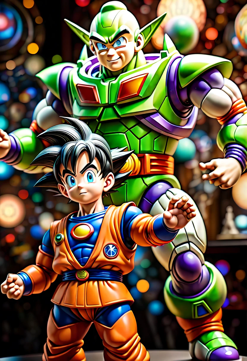(Buzz, Son Goku Sayan Namek, hero:1.2), photography, group photo of Buzz lightyear and (Son Goku Sayan Namek), in hero pose, friends, hyperrealistic, bokeh, leica award winning photography, intricate textures, soft lighting, (best quality, masterpiece, Representative work, official art, Professional, Ultra intricate detailed, 8k:1.3)