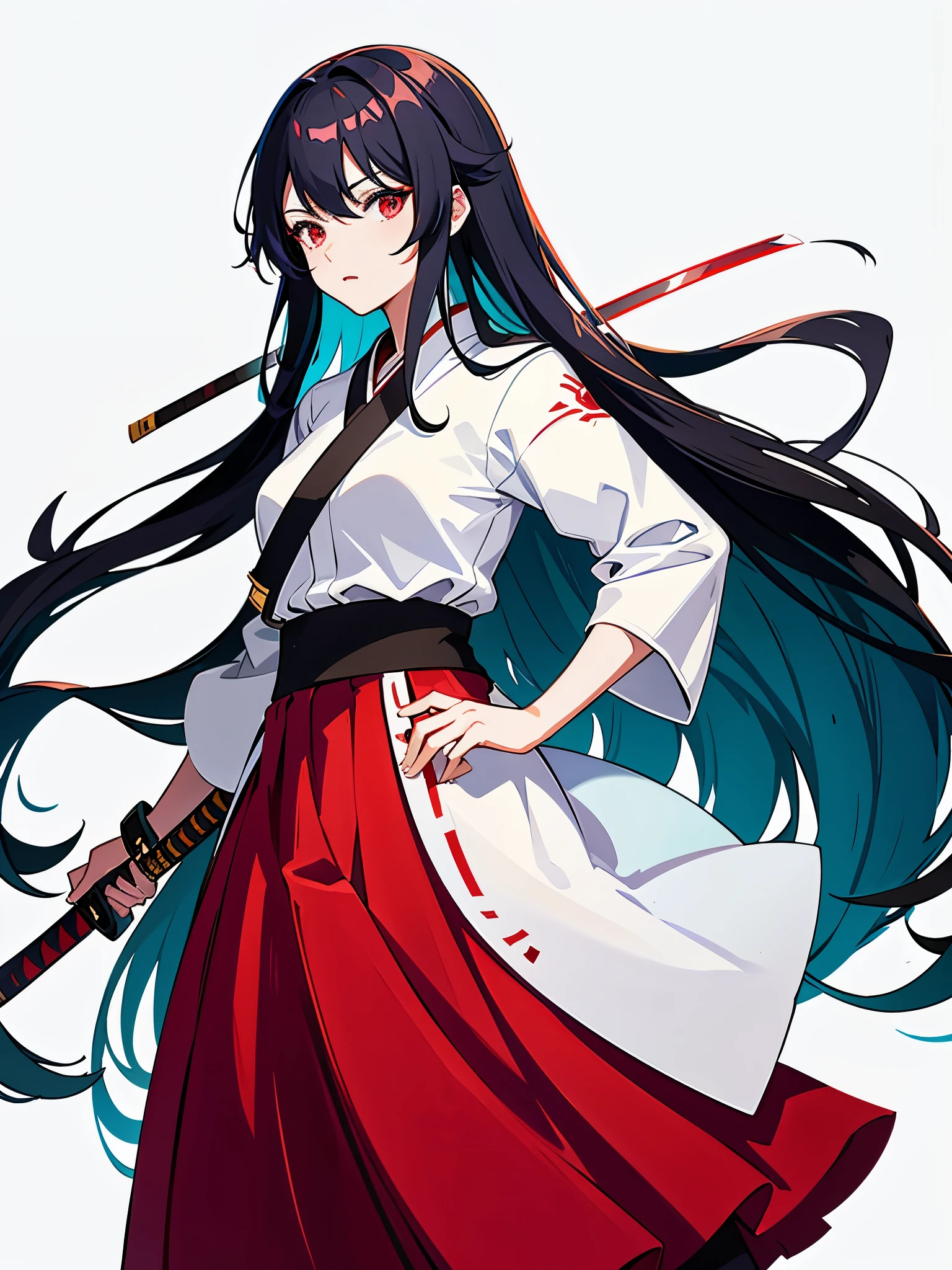 long hair, ((katana)), Miko costume, red eyes, Teal hair, ((long skirt)), stand, white shirt, red skirt