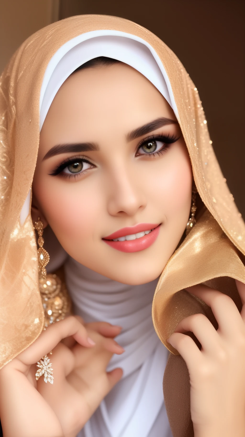 a close up of a beautiful woman wearing a hijab and a hijab over her head, beautiful Arabian woman, yellow brown eyes, red lips, white skin, big eyes, warm smile, very beautiful face, beautiful face!!!!, beautiful face, beautiful arab woman, attractive female face!!!, beutiful face, feminine beautiful face, stunning face, very pretty face, beautiful face!, beautiful portrait photo, beautiful fine - face, beautiful face!!, very beautiful girl