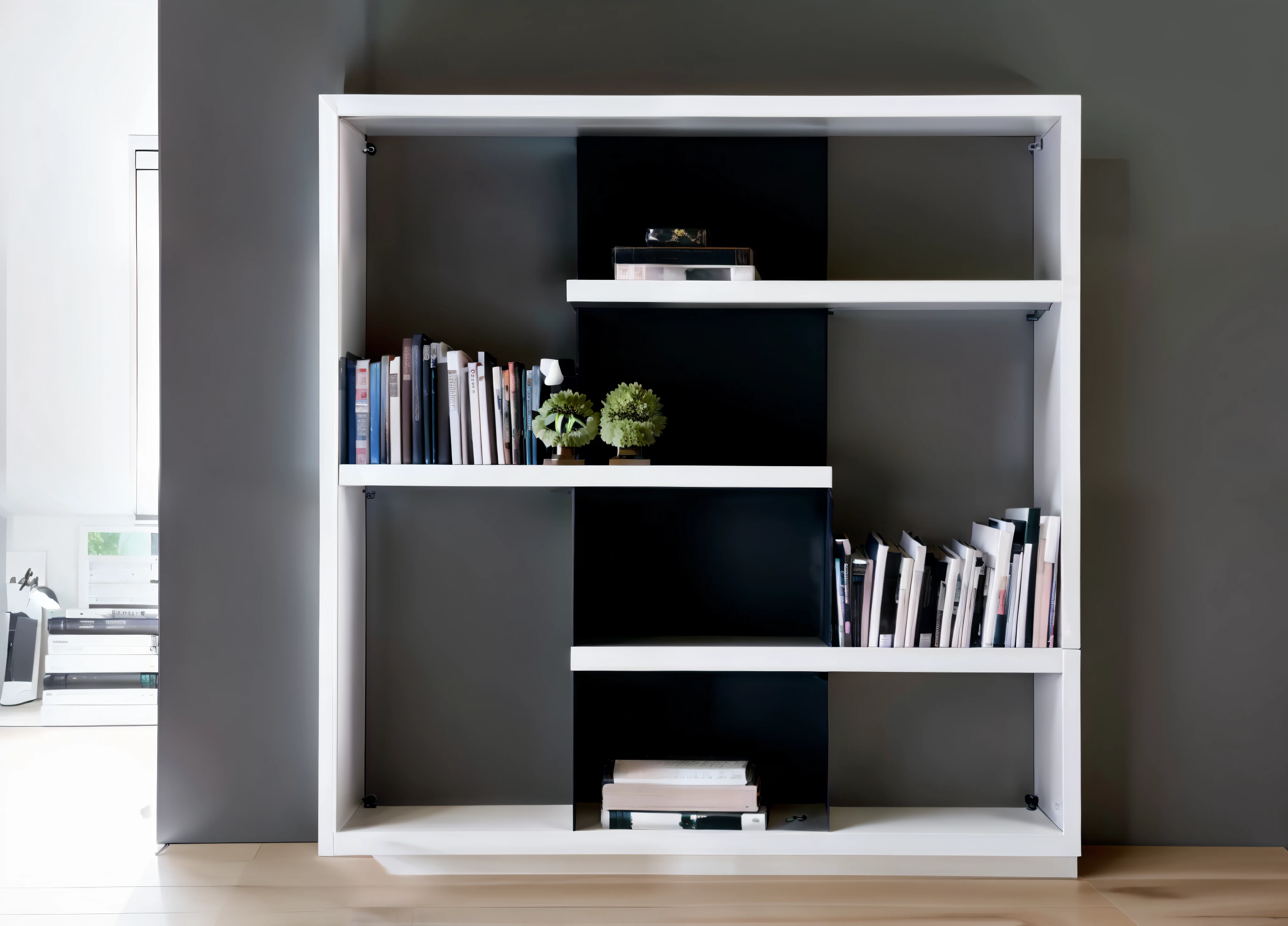 a close up of a book shelf with a clock and a book, shelves, book shelves, book shelf, modern gallery furniture, bookshelves, bookshelf, bookcase, shelf, bookshelves on sides, cabinet furniture, designer furniture, short bookshelf, simple furniture, minimally modern, style furniture, Neat and tidy, black and white&Quote;, 墙到墙的bookcase