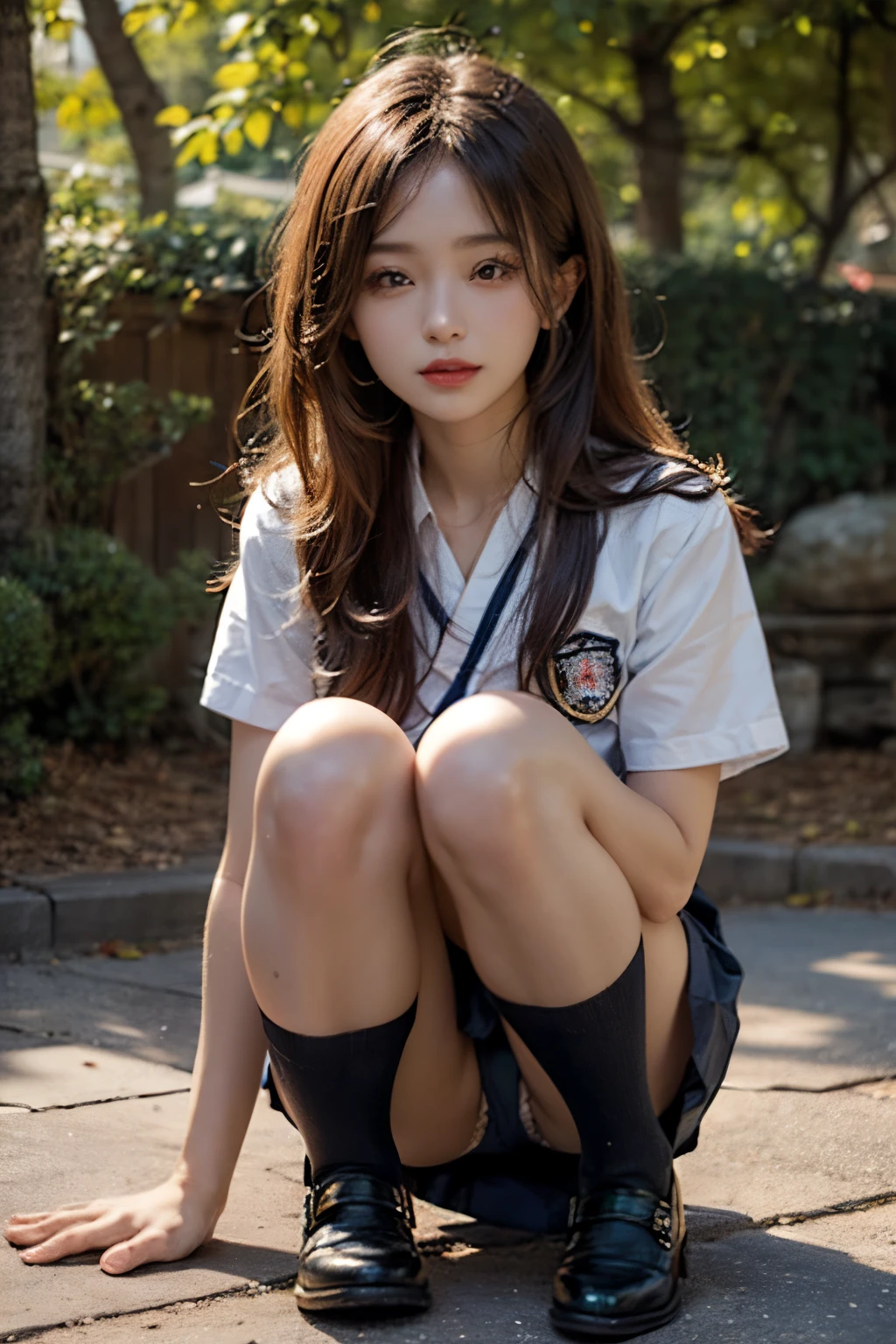 (8K high definition), (highest quality), (raw quality),(table top:1.2), (realistic), (realistic:1.37), ,Big eyes,long eyelashes,(Live-action realistic style),ultimate face,realistic light and shadow,clear facial features,,Fair skin, ),best portrait,Shooting at close range, 1 girl, cute,beautiful and fine eyes,highly detailed skin,(Beautiful face with double eyelids), (realism: 1.4),((full body image)) ,Detailed and beautiful facial features,,Women around 20 years old,(beautiful face 1.4),half-finished hair,((Japanese high school girl in uniform)),(make eye contact with the audience),red lipstick,drag around the eyes,(smile a little),In a park rich in nature,sit upright on one knee.,the skirt is rolled up.、My pants are completely visible..,Pastel colored pants,I love showing my panties to my viewers,show your panties to the viewer,(Japanese high school girl uniform),beautiful face reflected in the light,red lipstick,drag around the eyes,Her very beautiful feet are her charm point.,a very bright world
