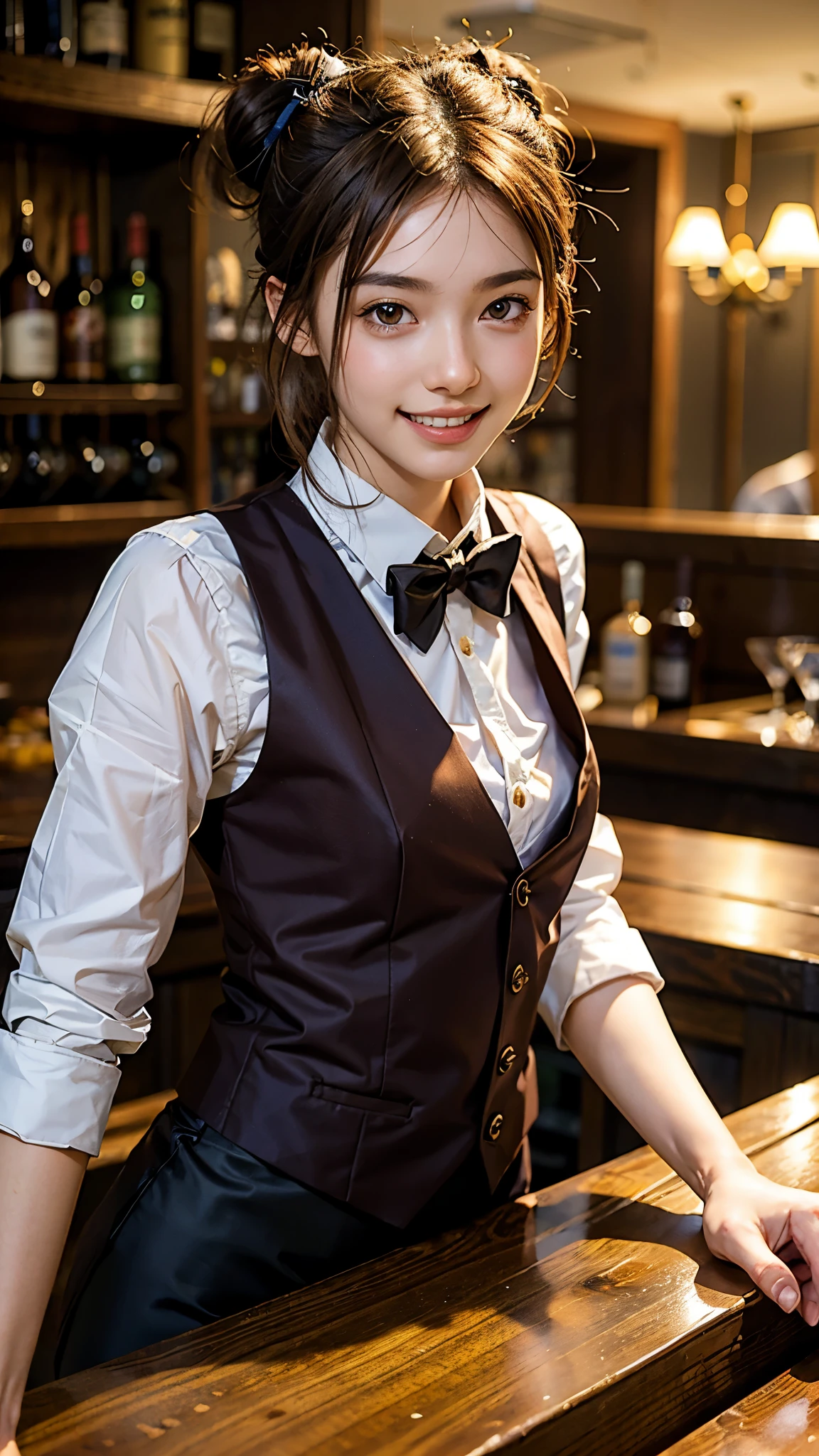 highest quality, masterpiece, ultra high resolution, (realistic:1.3), (Over the bar counterの肖像画) RAW photo, 1 girl, 22 years old,slim body,((Bartender vest with bow tie)),((Over the bar counter)),((Bar Lounge)),((Bartender costumes)),(bun hair),neat and beautiful hair,masterpiece, realistic pictures,((Medium chest)),((toothy smile)),brown hair,valentine chocolate,