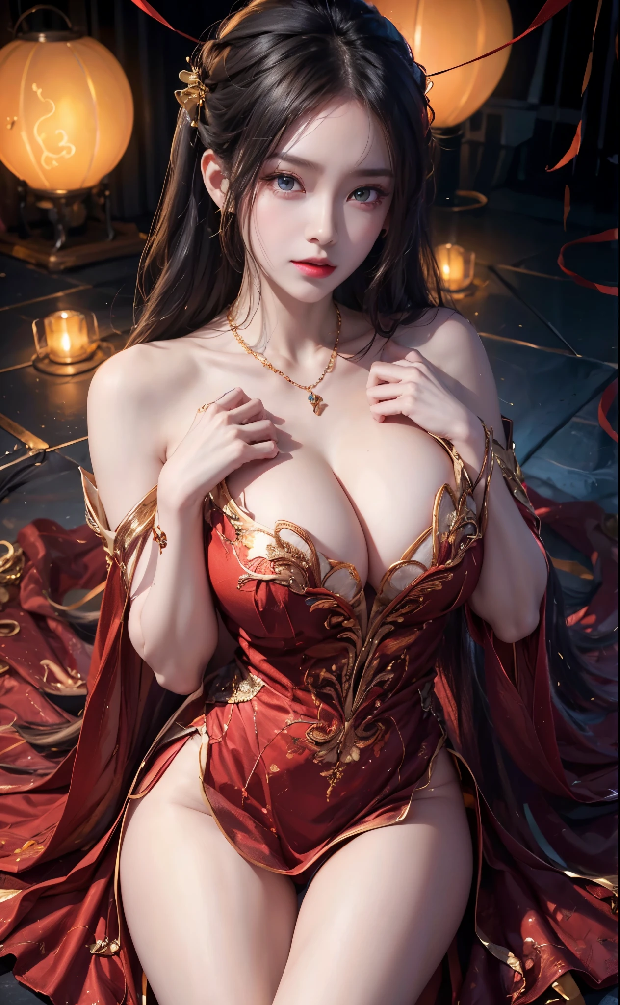 realistic, 1 women, best quality, 12k, HD, long hair, big round breasts, cleavage, ponytail, necklace, jewelry, shorts, short jacket, slim hips, hair tie, yellow eyes, black hair, super detailed, Eye details, hair details, person details, mouth details, face details, breast details, clothes details, hair details, pants details, hand details, whole body