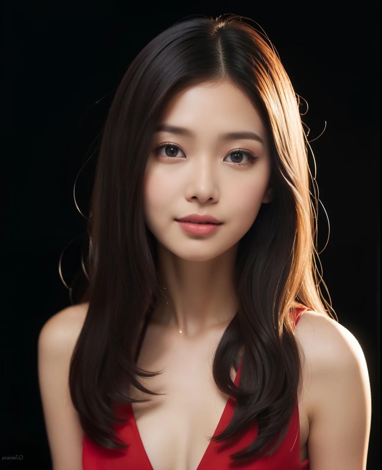 ((Top quality, 8K, Masterpiece: 1.3)), Beautiful girl, Pure, Melon face, Kind and cute, Sweet smile, Pure desire, Slender body, (Front), (Tilted head), ((Looking at camera) ), wearing a raspberry ripple color suit, black straight long hair, long flowing shoulders, round black big eyes, clear big eyes, moist red lips, sweet, sitting on a chair, black background, (waist shot),