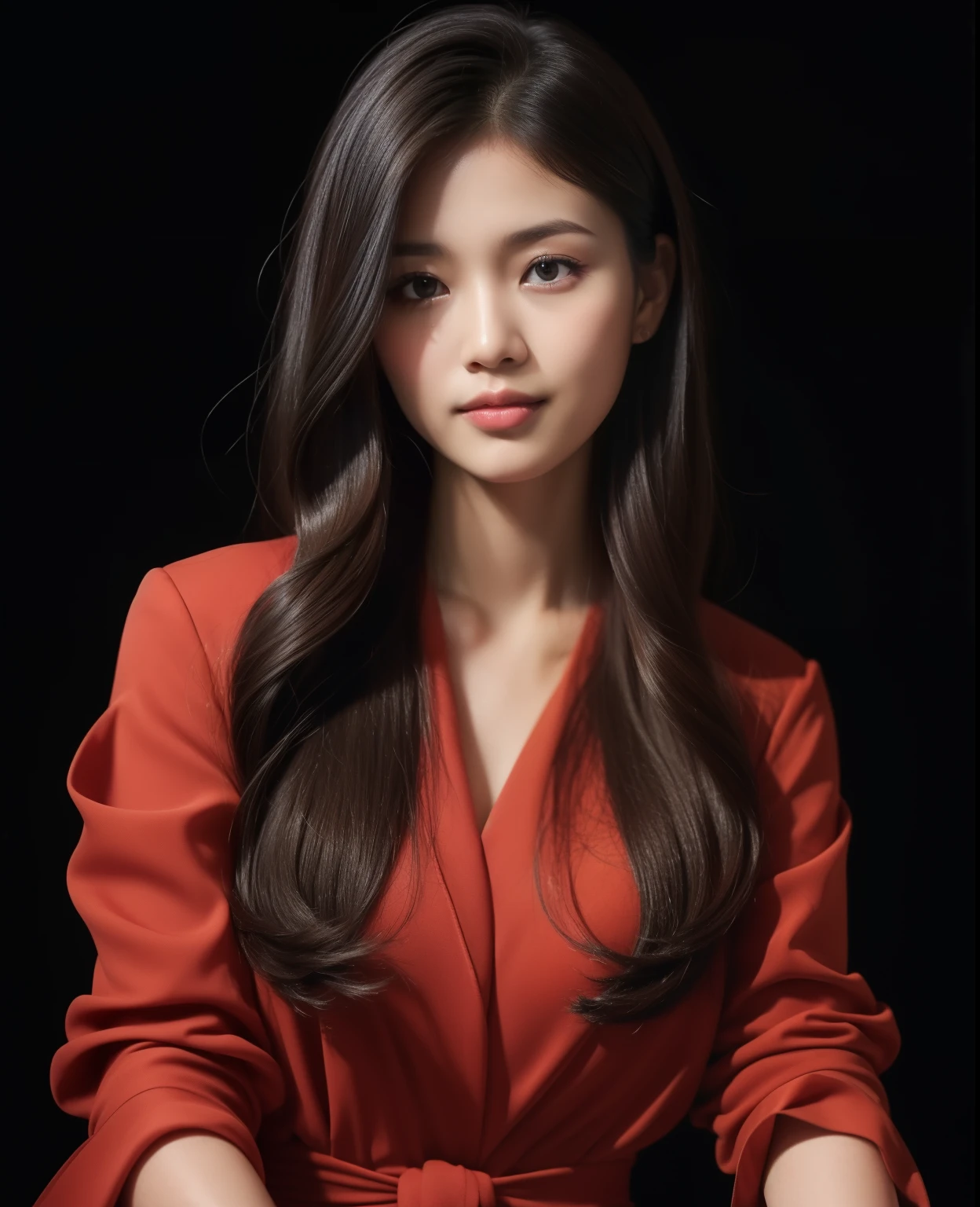 ((Top quality, 8K, Masterpiece: 1.3)), Beautiful girl, Pure, Melon face, Kind and cute, Sweet smile, Pure desire, Slender body, (Front), (Tilted head), ((Looking at camera) ), wearing a raspberry ripple color suit, black straight long hair, long flowing shoulders, round black big eyes, clear big eyes, moist red lips, sweet, sitting on a chair, black background, (waist shot),