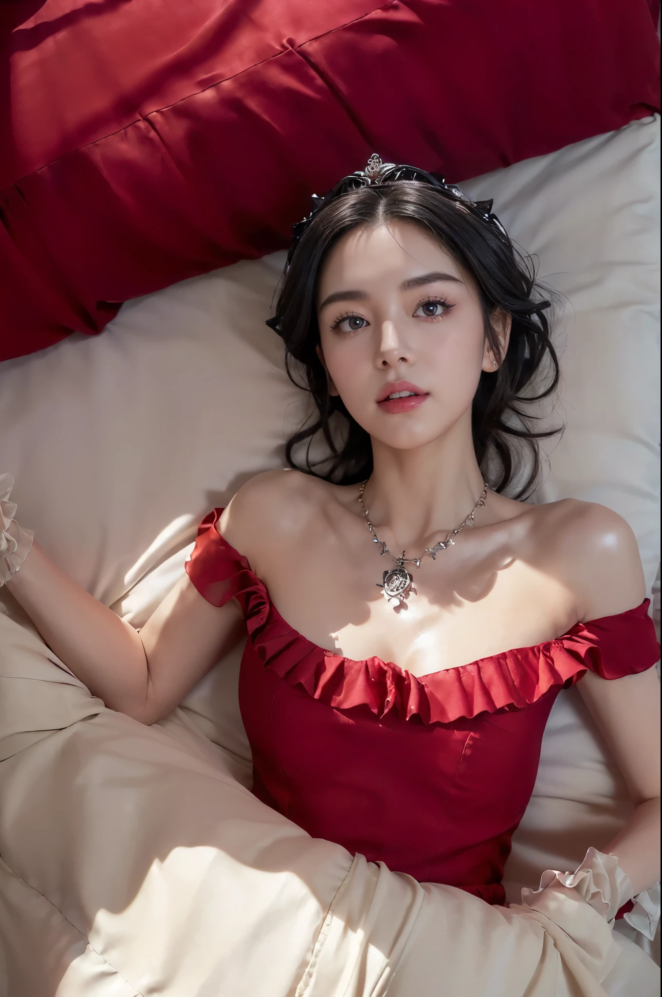 ((((8k))),((Extremely meticulous CG)) ,(wallpaper),16k,((Extremely refined and beautiful)),(((Masterpiece))),(((best qualtiy))),(((Ultra High Resolution))),beautiful light up,Perfect lightning,realistic shaded,(Smooth and flawless fair skin:1.5),(pale skin:1.3),Extremely exquisite facial details,(perfect body:1.1),ultra-detailed,A beautiful girl,solo,(small head:1.2),(Princess Crown:1.2),(short ponytail:1.1),(detailed eyes:1.2),(small face:1.1),(Exquisite makeup:1.2),(shiny skin:1.5),(small breasts:1.1),(flat chests:1.2),((slim,thin)),(happy:1.2),(laughing:1.2),(Crystal Necklace:1.2),(lace:1.3),(Maxi ruffled Gothic red dress made of roses:1.5),(gloves:1.1),(thighs),(slender legs:1.2),(stockings:1.3),(high heels:1.2),(night scene:1.5),indoor,(In the luxurious palace style hotel bedroom:1.5),(detailed background:1.5),(lying flat on back on the bed:1.5),(arms under back:1.3),(close-up of upper body:1.3),(from above:1.3),(top view:1.3),(bright light:1.3)