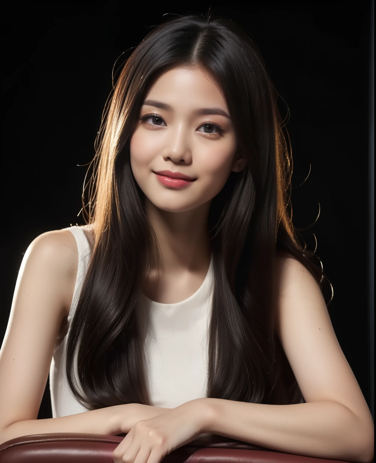 ((Top quality, 8K, Masterpiece: 1.3)), Beautiful girl, Pure, Melon face, Kind and cute, Sweet smile, Pure desire, Slender body, (Front), (Tilted head), ((Looking at camera) ), wearing a raspberry ripple color suit, black straight long hair, long flowing shoulders, round black big eyes, clear big eyes, moist red lips, sweet, sitting on a chair, black background, (waist shot),