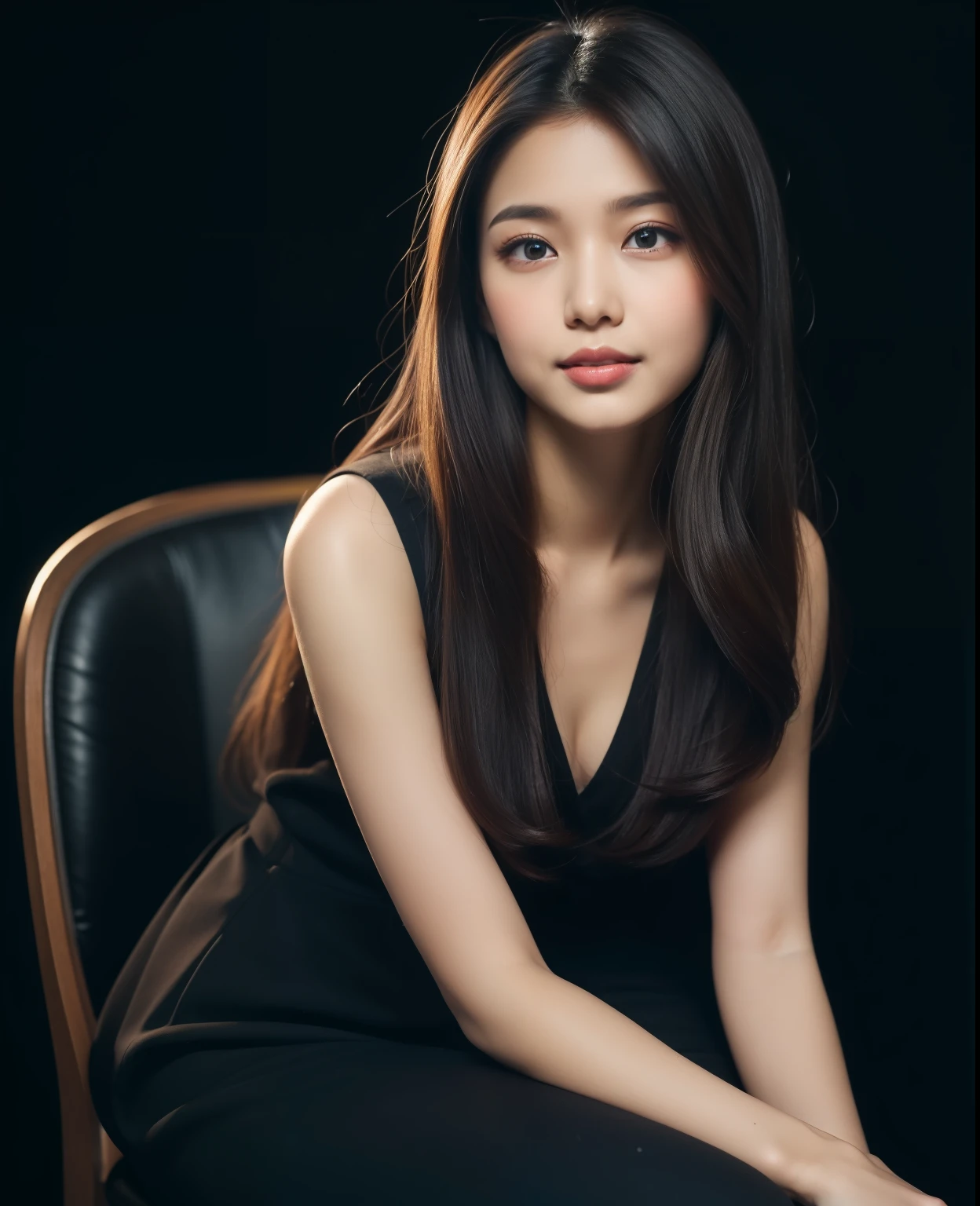 ((Top quality, 8K, Masterpiece: 1.3)), Beautiful girl, Pure, Melon face, Kind and cute, Sweet smile, Pure desire, Slender body, (Front), (Tilted head), ((Looking at camera) ), wearing a raspberry ripple color suit, black straight long hair, long flowing shoulders, round black big eyes, clear big eyes, moist red lips, sweet, sitting on a chair, black background, (waist shot),