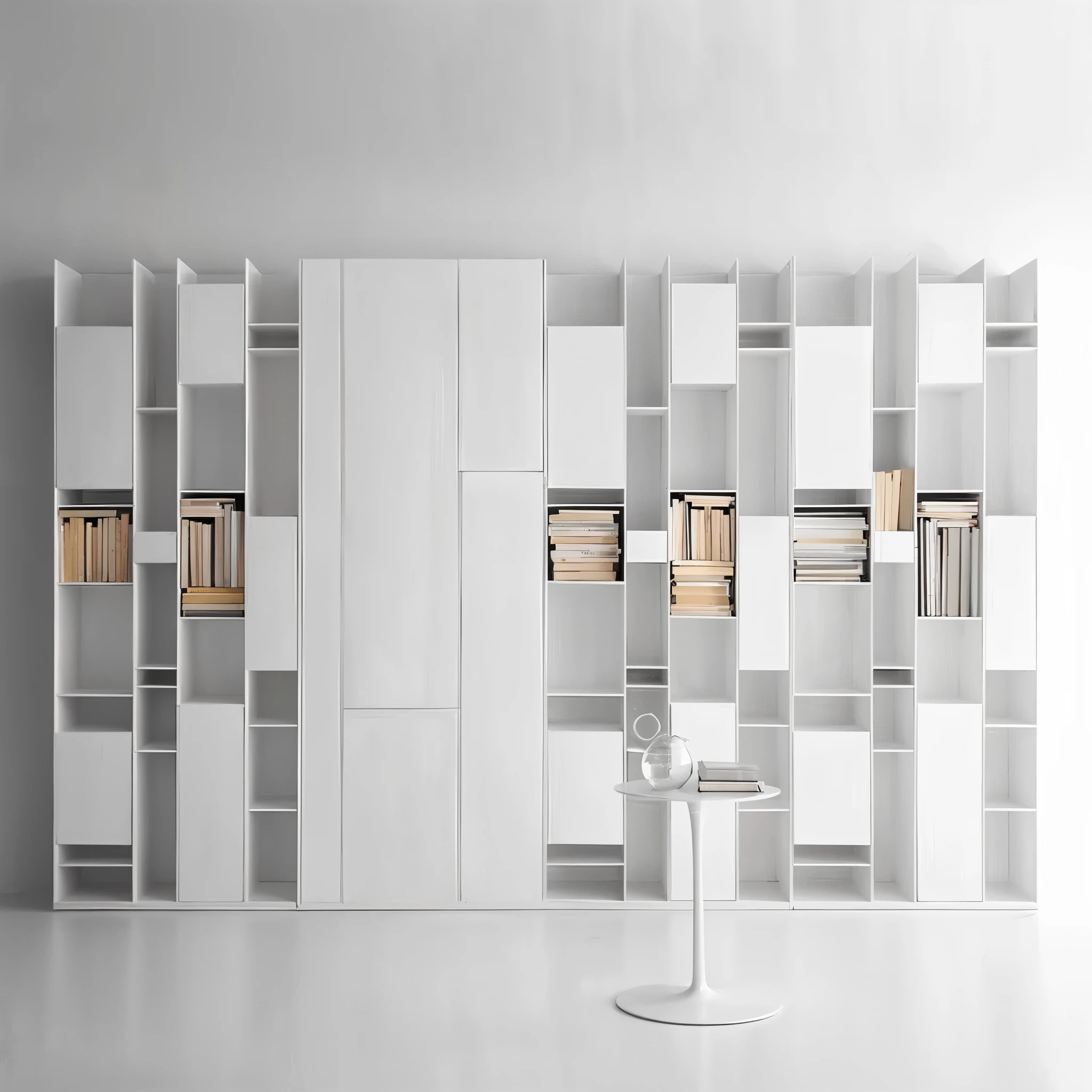 a close up of a white bookshelf with books on it, white map gallery, elegant minimalism, 墙到墙的bookcase, Elegant futuristic wardrobe, book shelves, white finish, bookcase, simple furniture, bookshelves, minimally modern, shelves, simple design, bookshelf small library, bookshelf, food", minimalist design, white panel, glossy white, iconic design