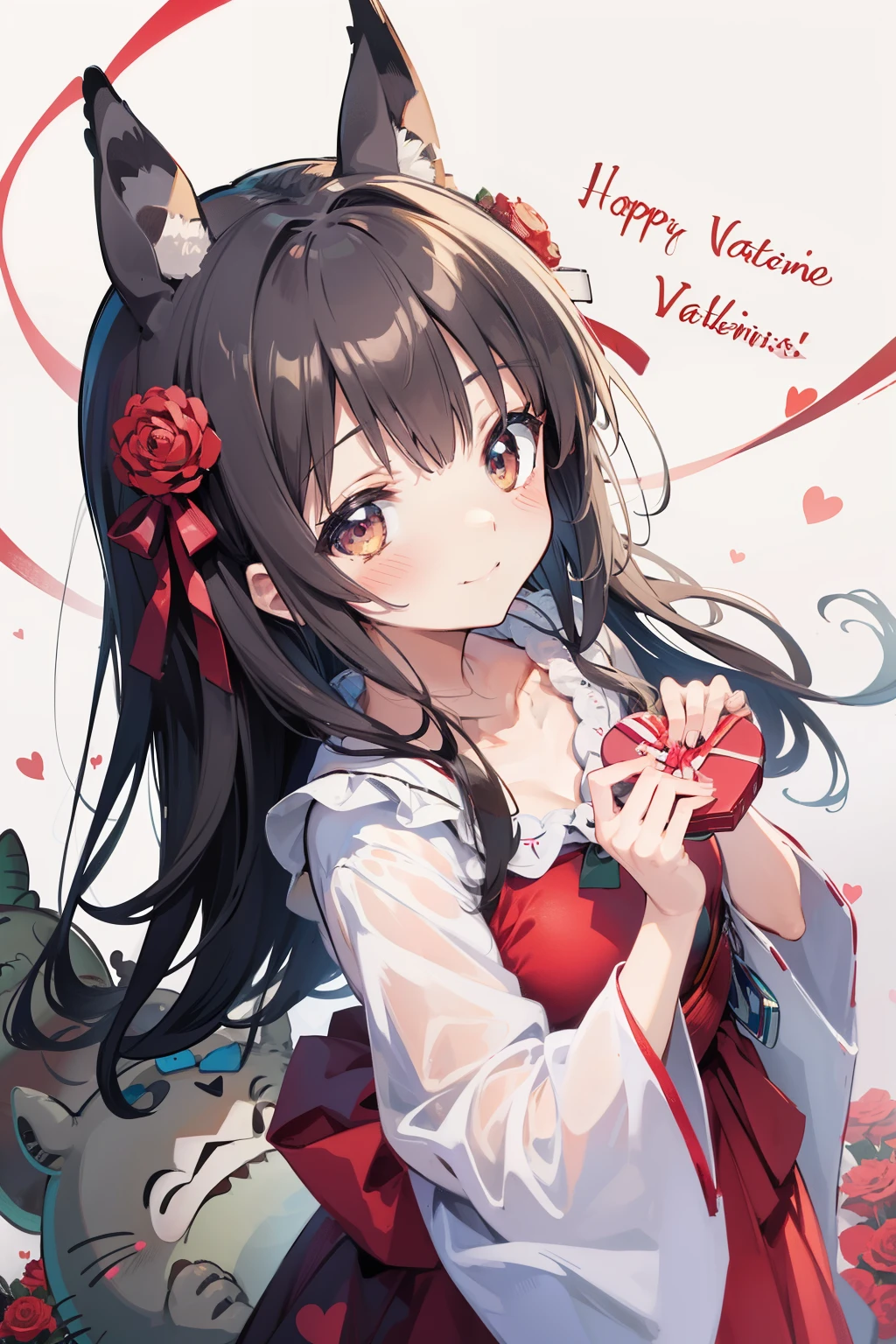 masterpiece, best quality, finely detailed, AR 16:9, (Totoro celebrating St. Valentine's day), extremely delicate and beautiful, (Totoro holding heart-shaped chocolates), (Totoro wearing red ribbons), high resolution, best quality, (Totoro surrounded by roses and hearts), ultra-detailed, kawaii, cute, loverly, (Totoro exchanging gifts with each other), 16:9 ratio, (Totoro blushing and smiling), (Totoro's expressive eyes), 2K or 4K resolution, celebrating St. Valentine's day, Japanese animation style, (T