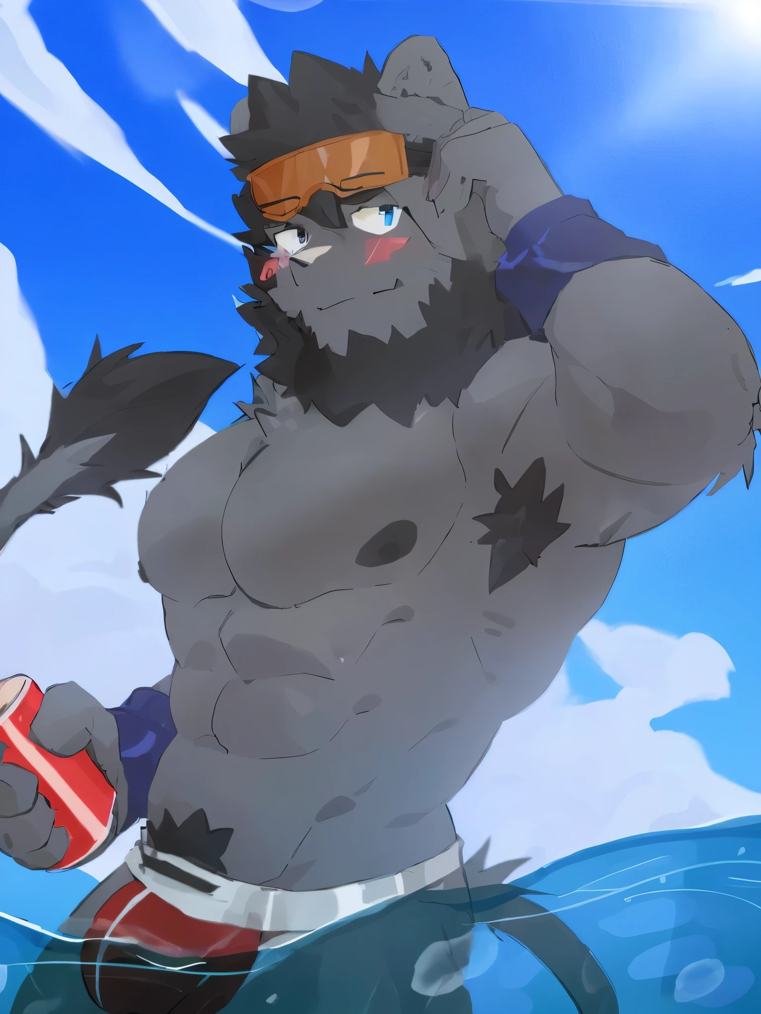 with a beard、Anime characters holding drinks in their hands, Muscle Lion Man, Firmware version, From a mysterious academic community, Tianyuan Luoyan, as a titan, as an ugly titan, super awesome and cool, valguart style, By Xinyi, tsunami behind him, The strongest pose, High moral sexy werewolf, on the beach, evangelion beast mode,The sky is gray and the rain is pouring,Looking sad and desperate,Nude body covered with scars,Black lion orc with huge and