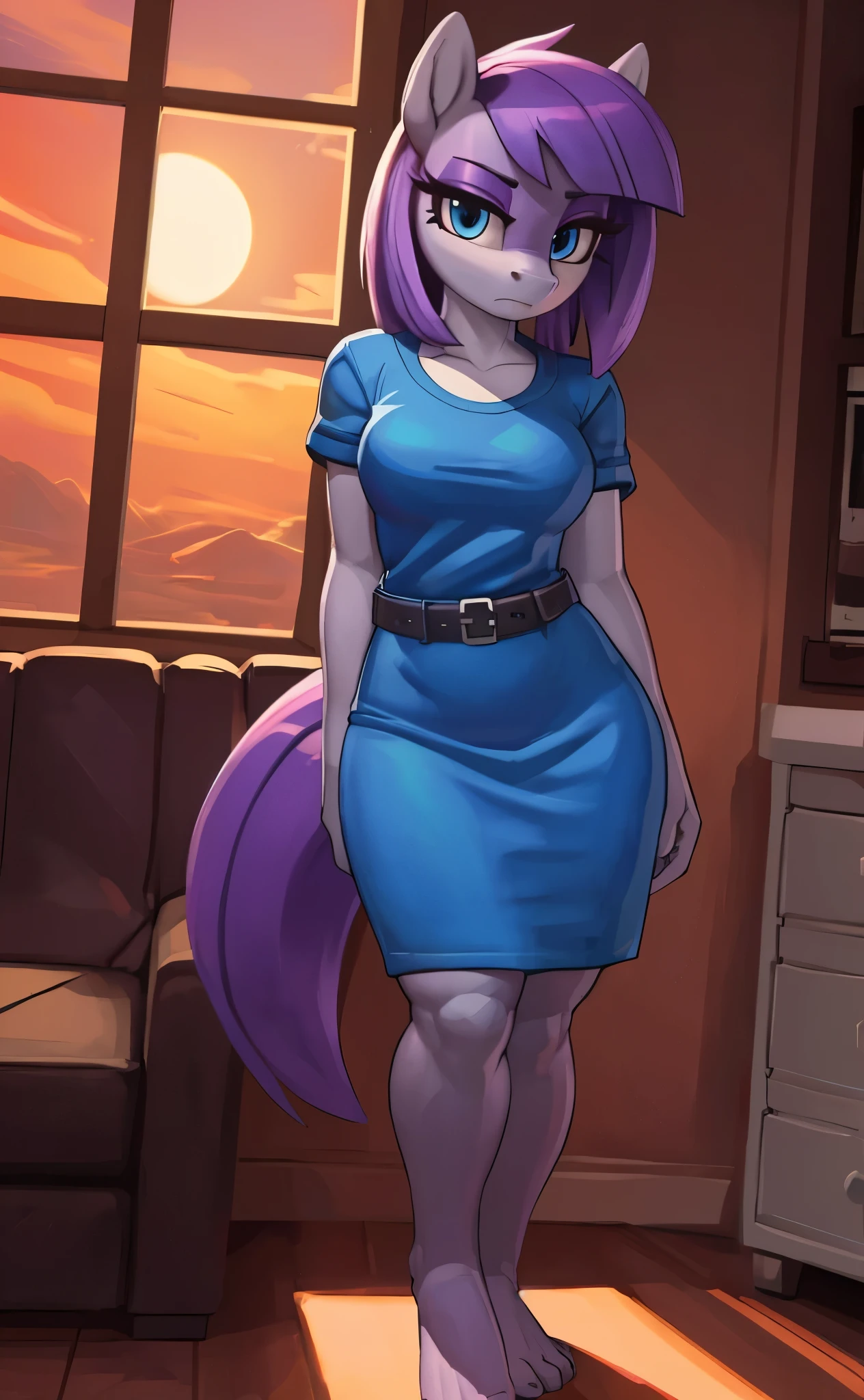 [maud pie], [Uploaded to e621.net; (Pixelsketcher), (mayosplash), (wamudraws)], [uploaded to twitter.com; (@senip)], ((masterpiece)), ((HD)), ((high res)), ((solo portrait)), ((full body)), ((front view)), ((feet visible)), ((pony; anthro)), ((detailed fur)), ((detailed shading)), ((beautiful render art)), {anthro female; (slim figure), grey fur, horse snout, (long straight purple hair), (straight bang), (long purple tail), (cute light-blue eyes), (long eyelashes), (purple eyeshadow), (curvy hips), (thick thighs), (beautiful legs), (beautiful feet), (humanoid feet), (frown), (relaxed expression)}, {(tight blue dress), (short sleeves), (short tight blue pencil skirt), (black waist belt with silver buckle)}, {(standing), (looking at viewer)}, [background; (living room), (window), (sunset), (orange sky), (sun rays), (ambient lighting)]