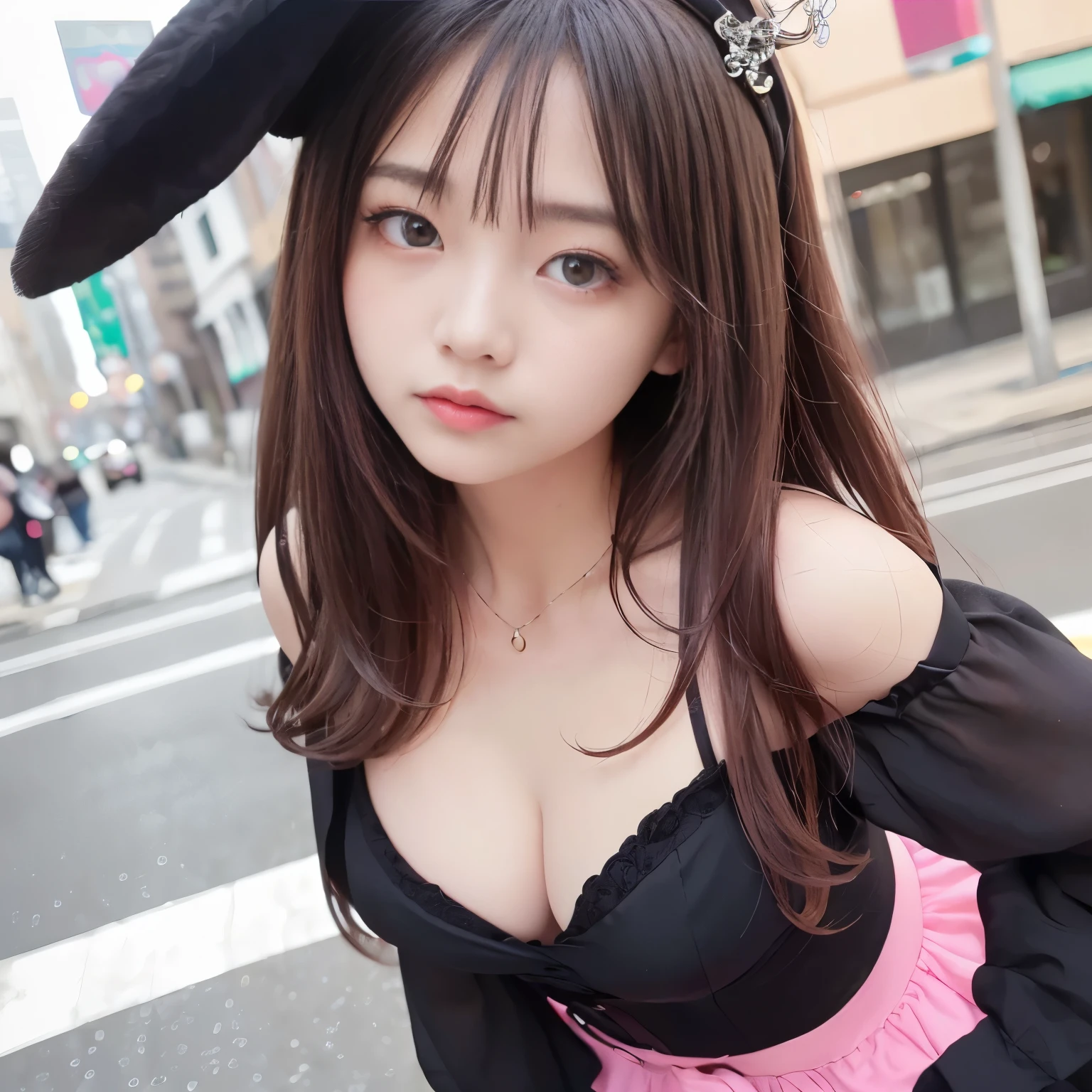 ((highest quality、8K、masterpiece:1.3))、1 girl、slim face、Beautiful woman、(dark brown long hair)highly detailed face、detailed eye、double eyelid、blurred background、slim face、city、Take-out、street、highly detailed faceと肌の質感、detailed eye、double eyelid、laughter:1.5、、(Bunny ears)(Gothic ta、Metallic Color、blanche、black、there's pink there)、(Maid clothes、Metallic Color)、whole body、super miniskirt cleavage、panties、have chocolate for valentine、🍫💝、Chocolate in the heart