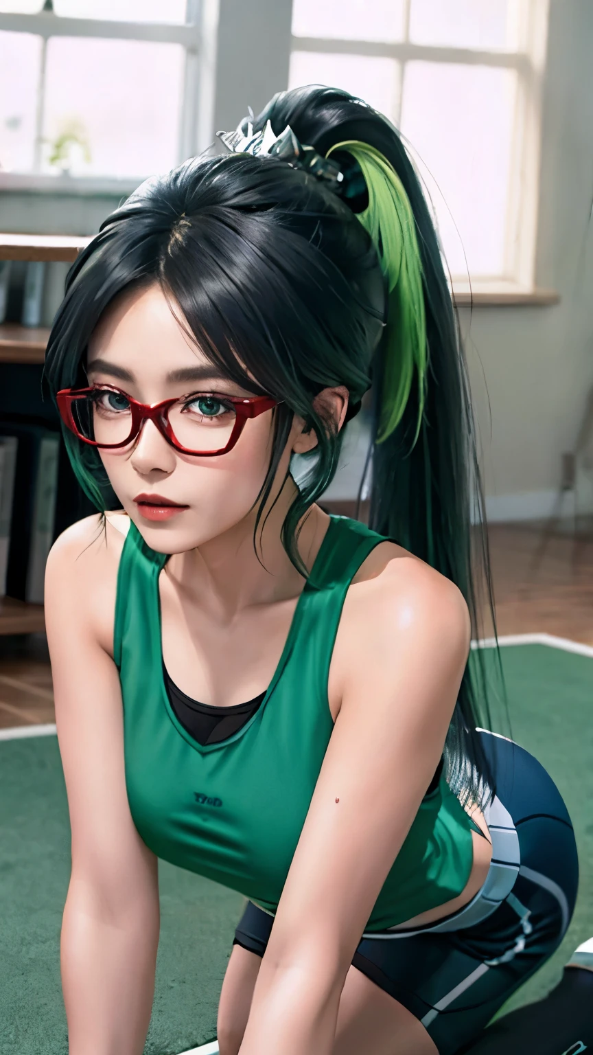 best quality，surface focus，look directly at the audience，soft light，（depth of field），ultra high resolution，（Realism：1.4），original photo，1 girl，Kneel on the floor，on all fours，Wear a white sports vest，black shorts，Sweating，Long ponytail hairstyle，Black hair and green hair, Good-looking hair accessories，red glasses，Red Half-rimmed Glasses，big ，（sportswear：1.4）