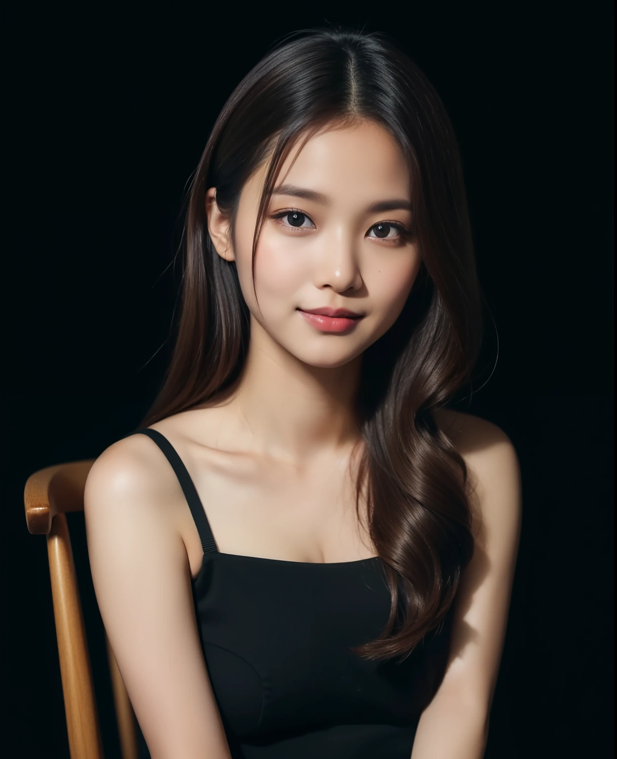 ((Top quality, 8K, Masterpiece: 1.3)), Beautiful girl, Pure, Melon face, Kind and cute, Sweet smile, Pure desire, Slender body, (Front), (Tilted head), (Looking at camera), wearing a raspberry ripple color suit, black long hair, long flowing shoulders, round black big eyes, clear big eyes, moist red lips, sweet, sitting on a chair, black background, (waist shot),