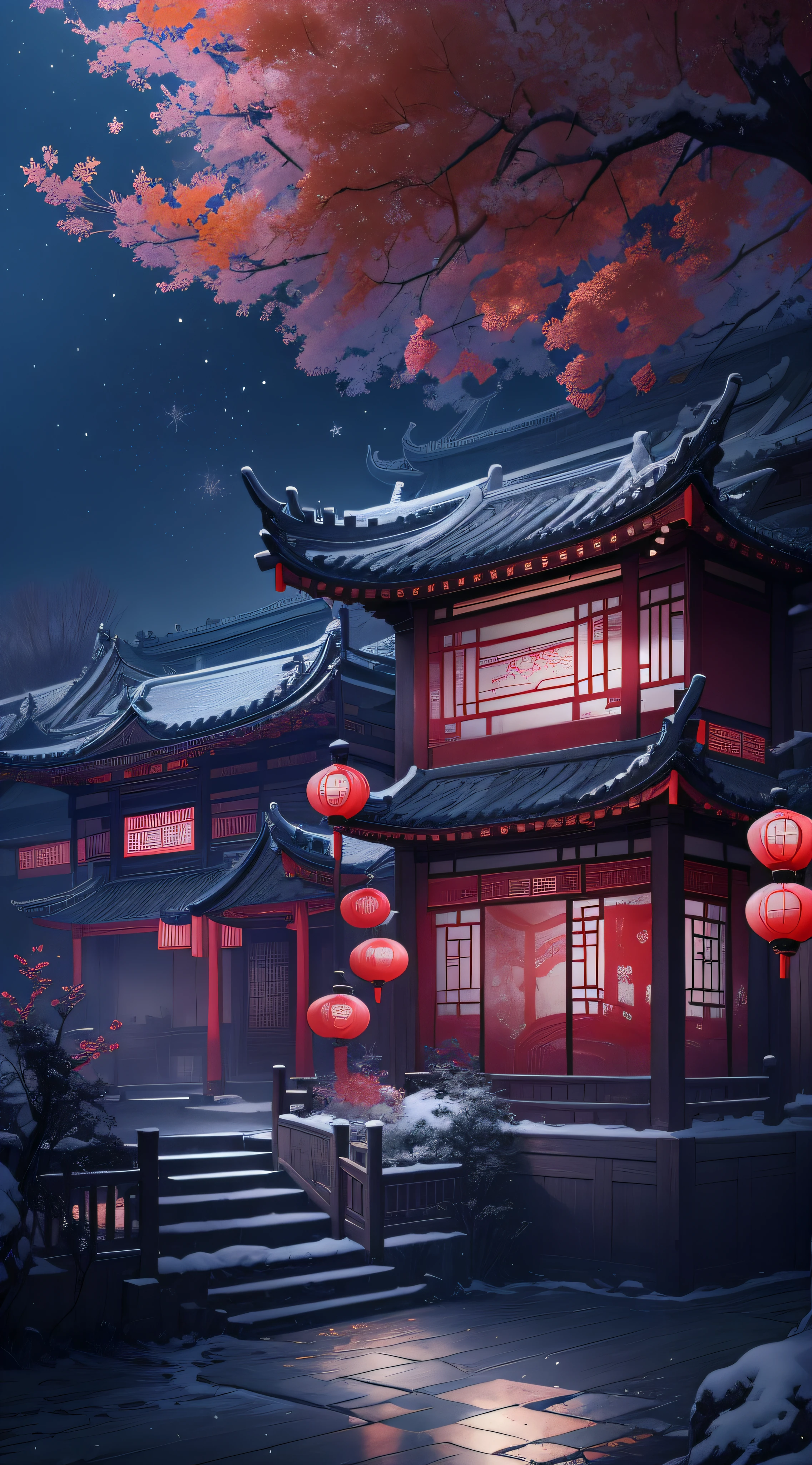 Surreal CG rendering Ancient China,Jiangnan old buildings and ancient cities have Yaolin Wonderland。a noite,The stars are bright,The smoke is fascinating,Maple leaves and milk leaves are trees。paisagem de neve。k hd