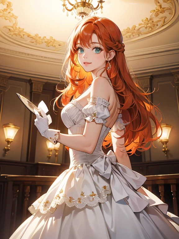 (absurdres, highres, ultra detailed), 1 woman, solo, (1 female with red-orange hair, long wavy hair, diamond jewelry on her hair, wearing white ballroom dress, wearing a white mask with lace and diamonds, low cut dress, showing neck, clavicles, shoulders exposed, evening dress, white dress with puffy sleeves, long white gloves, minimal make up, green eyes, expression: smiling happily)(pose: curtsy, holding her skirt in curtsy)(background: ballroom, victorian ballroom, many guests in the background, cool evening lighting, evening sky seen through the french windows, chandelier on ceiling)