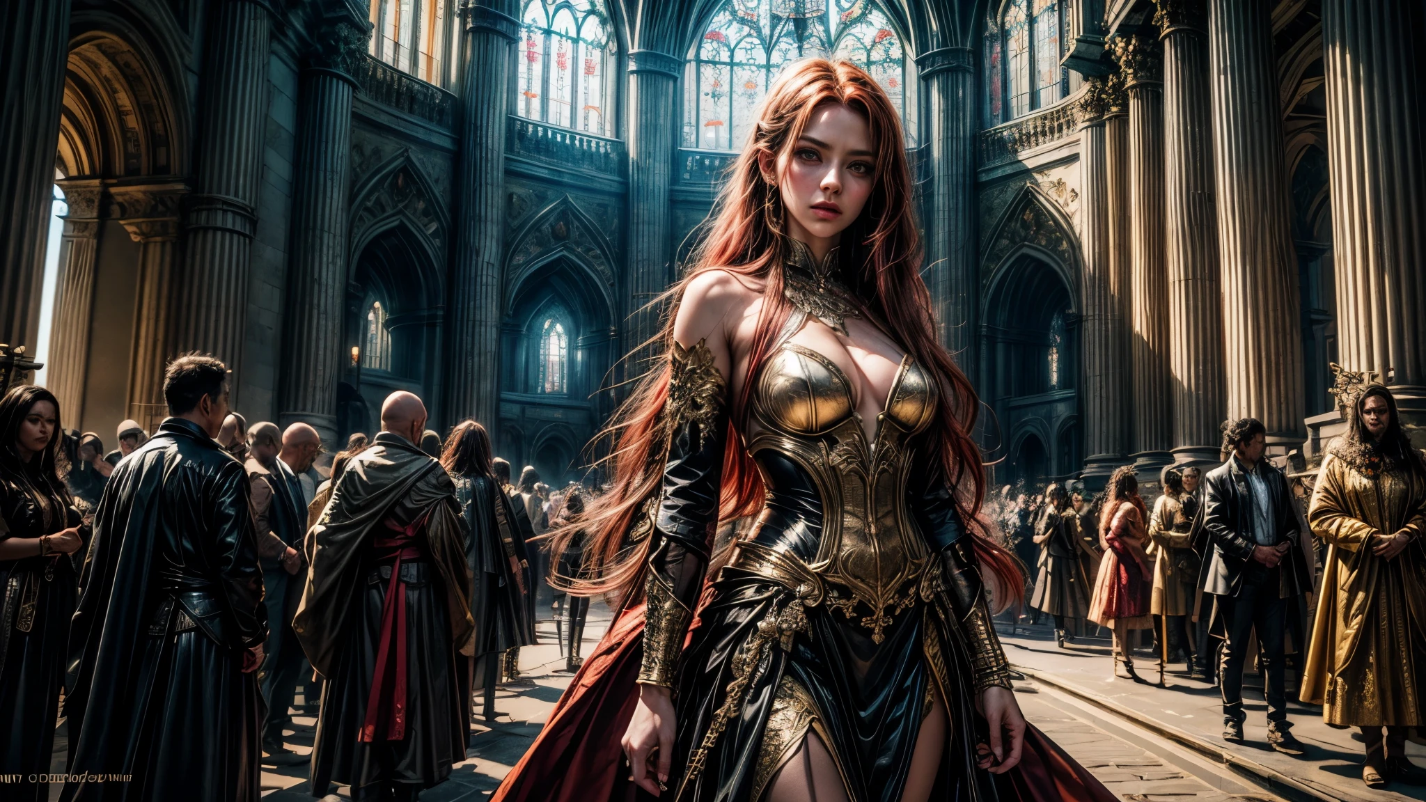 (1 woman, alone, god, very long red hair, detailed dress, In the background there is a giant palace with gold details, malenia blade of miquella), (Surrealism, depth of field, cinematic lighting, ray tracing, 85mm, dramatic pose, dramatic photo, complex background), (masterpiece, textured skin, super detail, award winning, best quality, 16k, HDR),