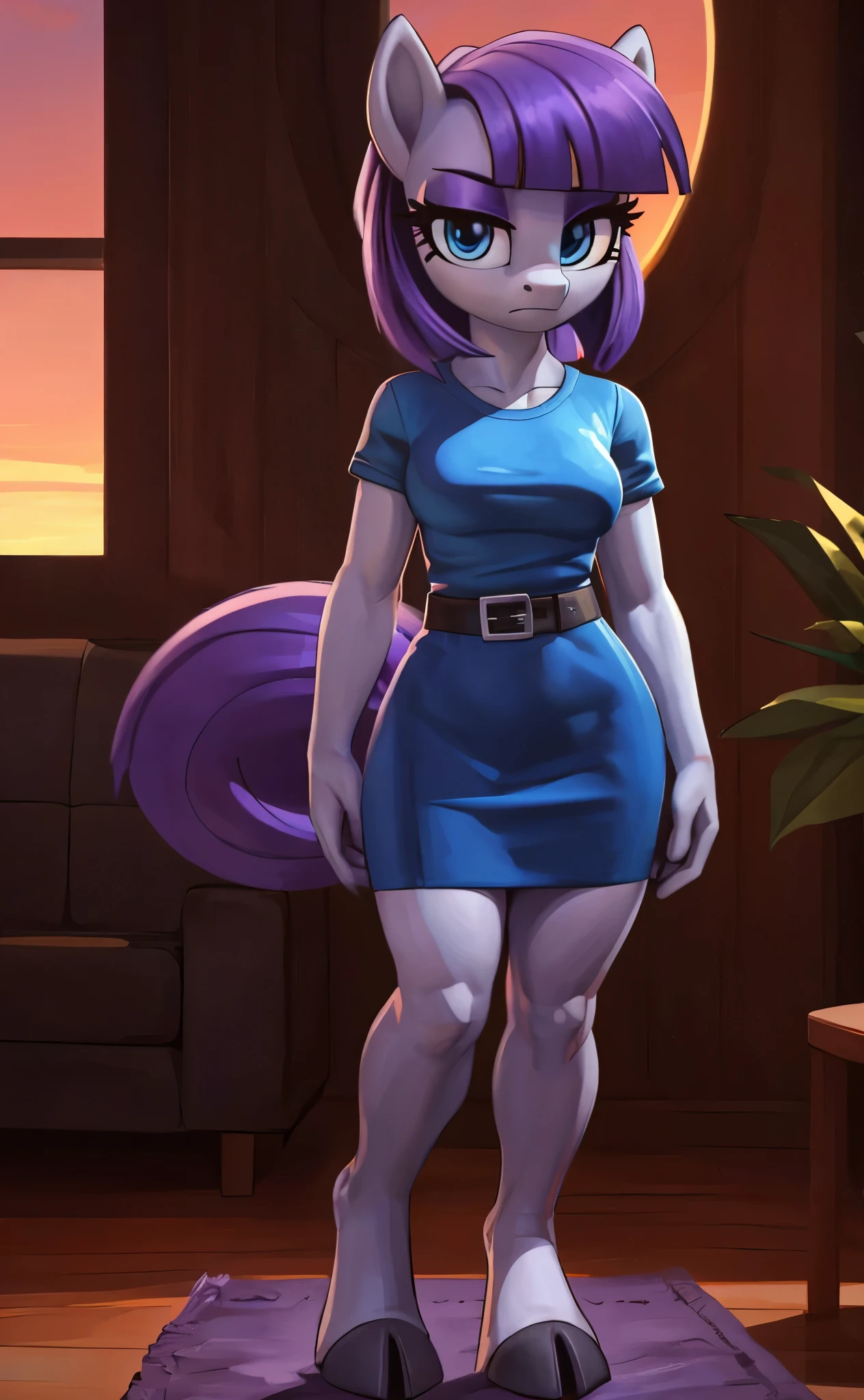 [maud pie], [Uploaded to e621.net; (Pixelsketcher), (mayosplash), (wamudraws)], [uploaded to twitter.com; (@senip)], ((masterpiece)), ((HD)), ((high res)), ((solo portrait)), ((full body)), ((front view)), ((feet visible)), ((pony; anthro)), ((detailed fur)), ((detailed shading)), ((beautiful render art)), {anthro female; (slim figure), grey fur, horse snout, (long straight purple hair), (straight bangs), (long purple tail), (cute light-blue eyes), (long eyelashes), (purple eyeshadow), (curvy hips), (thick thighs), (beautiful legs), (beautiful feet), (hooved toes), (frown), (relaxed expression)}, {(tight blue dress), (short sleeves), (short tight blue pencil skirt), (black waist belt with silver buckle)}, {(standing), (looking at viewer)}, [background; (living room), (window), (sunset), (orange sky), (sun rays), (ambient lighting)]