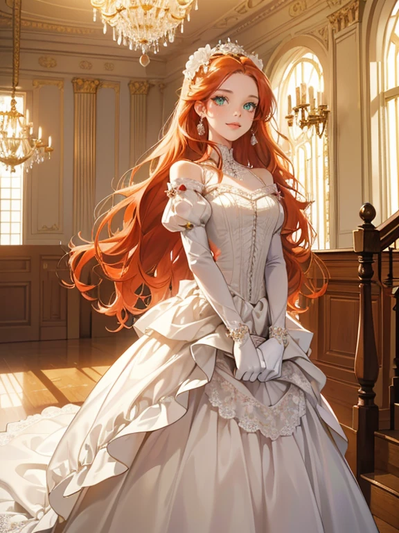 (absurdres, highres, ultra detailed), 1 woman, solo, (1 female with red-orange hair, long wavy hair, diamond jewelry on her hair, wearing white ballroom dress, wearing a white mask with lace and diamonds, low cut dress, showing neck, clavicles, shoulders exposed, evening dress, white dress with puffy sleeves, long white gloves, minimal make up, green eyes, expression: smiling happily)(pose: walking down a grand staircase while holding her skirt)(background: ballroom, victorian ballroom, many guests in the background, cool evening lighting, evening sky seen through the french windows, chandelier on ceiling)