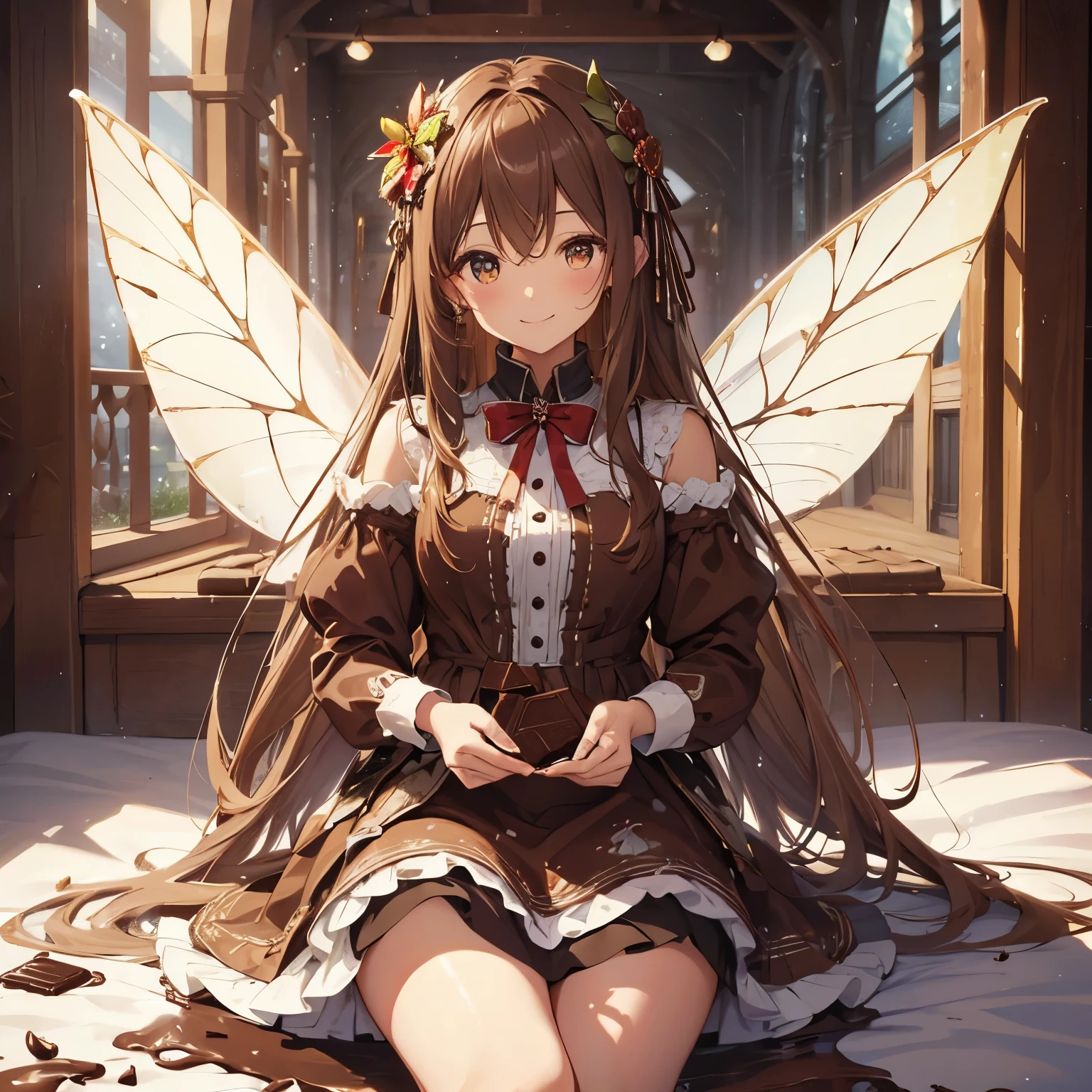 ((Smiling)),((melting chocolate)),masterpiece,best quality,highest quality,ultra detailed,extremely detailed,highres,official art,high-resolution,4K,8k,UHD,detail eyes, detail face, (a cute chocolate fairy), white long hair, clear fairy wing, red and brown dress, brown chocolate fluffy skirt, cute 