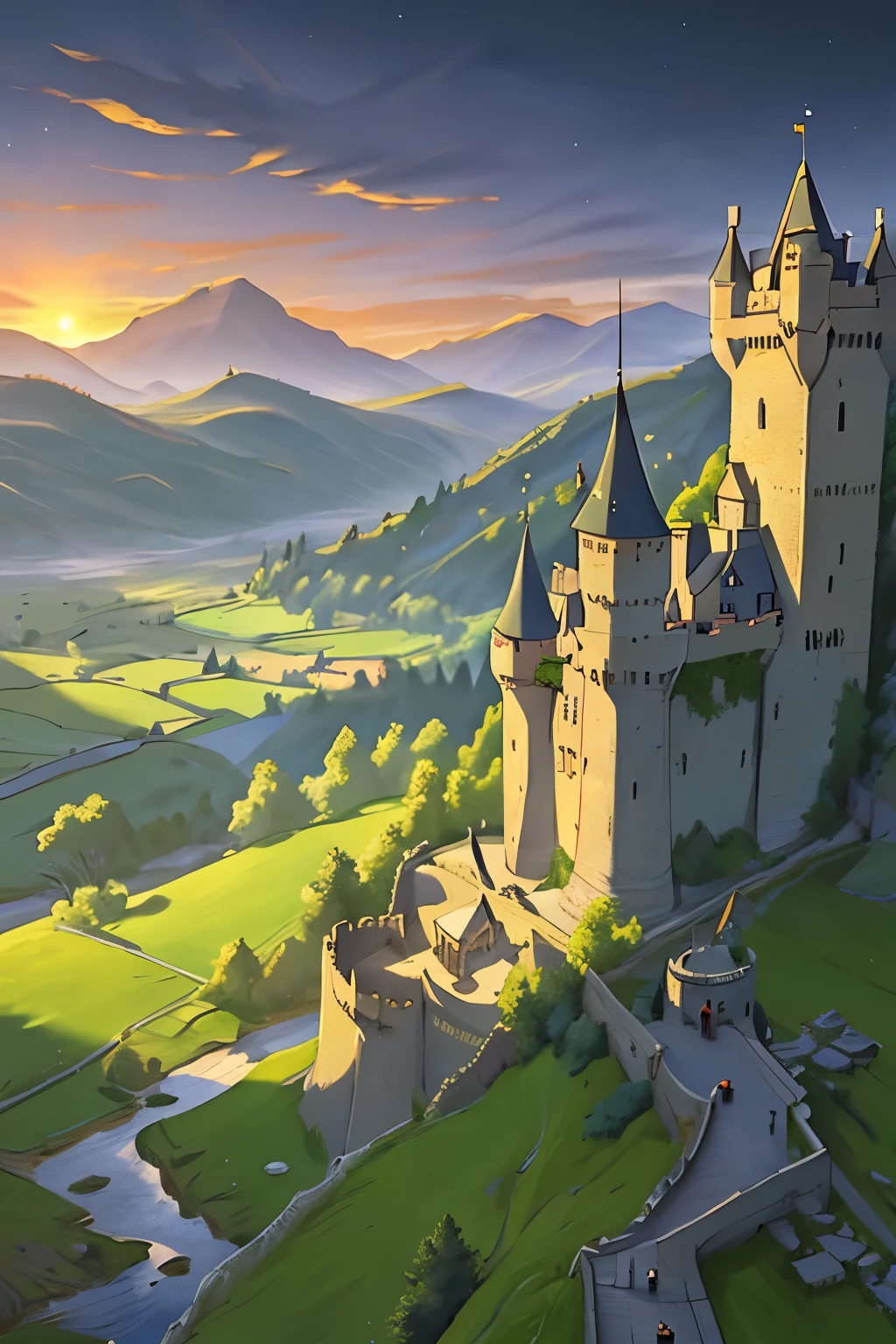 In the heart of a medieval kingdom, two grand castles stand majestically, separated by a towering stone wall. The panoramic view reveals the rich history and grandeur of the realm, with the castles' turrets piercing the sky, flags flapping proudly in the wind. The wall, fortified and imposing, stands as a symbol of the border between the two powerful houses, echoing tales of valor and conflict. The green valley below, dotted with farms and villages, adds to the picturesque beauty of the scene. The sun sets behind the castles, casting long shadows over the landscape, as the day gives way to the tranquility of the night.