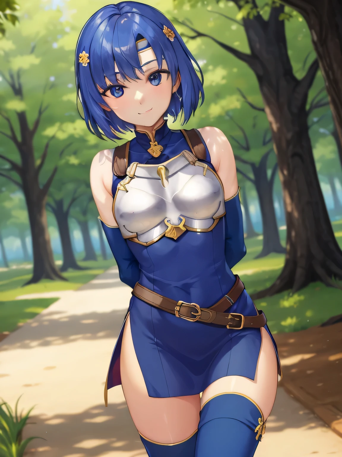 Katria_echo, 1 girl, alone, looking at the viewer, smile, blue thighs, dress, bare shoulders, blue elbow gloves, belt, armor, zettai ryouiki, head band, turn your arms behind your back, short dress, breastplate, nature, garden, wood
