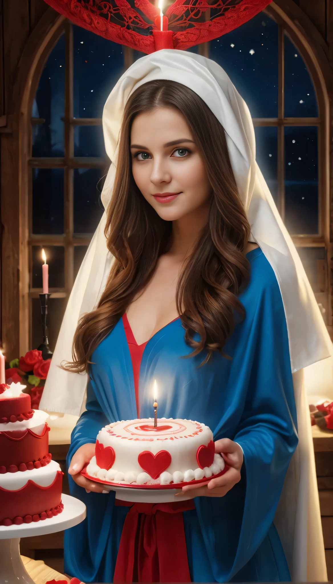 a beautiful holy young woman, with bright halo around her head, her eyes gazing directly at the viewer while making a red colored cake in shape of heart, with long straight brown hair, head is covered in a blue shawl, dressed in a white robe. barn, dark night, biblical scene, st. valentine's day gift card, the woman illuminated only by the warm light of candles from bottom to top, ((love motif)), ((red colored cake)) in ((shape of heart))