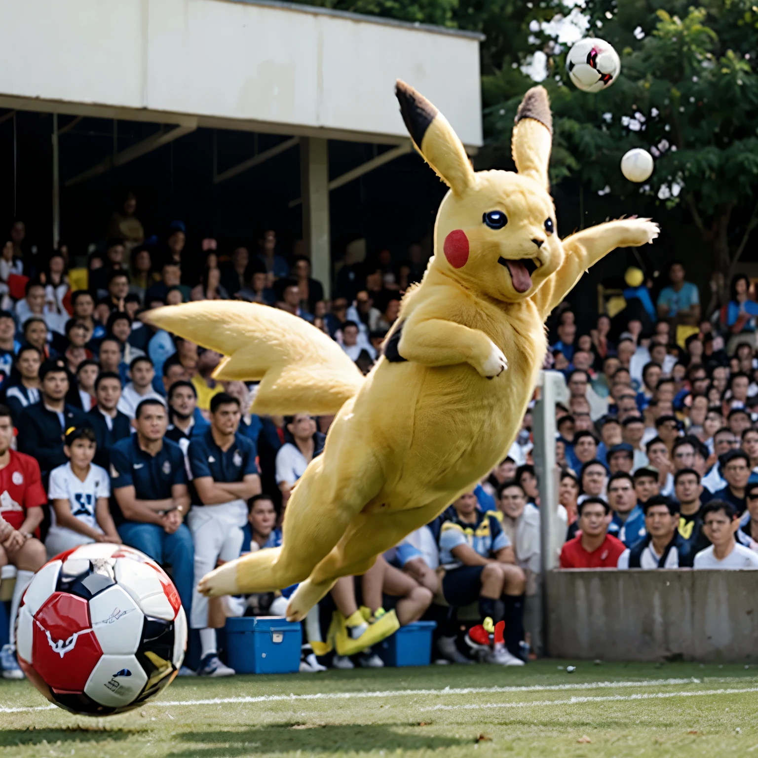 Pikachu kicking a ball against a goalkeeper 
