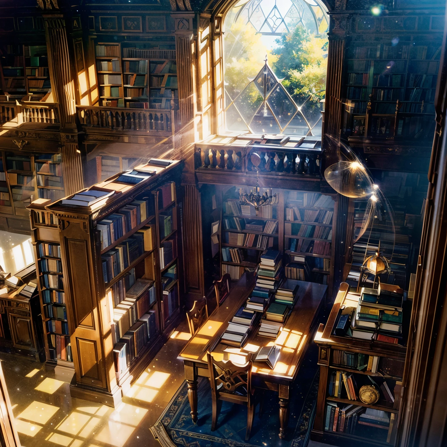 (Large Public Library) , desk with open books centered, bookshelves, (luminal space), carpeted floor, (evening light) , sunbeam coming through window, peaceful, (dust particles catching light:1.5) , comforting, ((many books:1.4)) , high quality, UHD, 8k detailed photo, realistic, Masterpiece, cup of coffee on desk, (yellow beam of light)