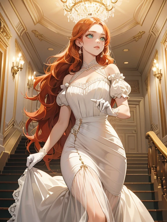(absurdres, highres, ultra detailed), 1 woman, solo, (1 female with red-orange hair, long wavy hair, diamond jewelry on her hair, wearing white ballroom dress, wearing a white mask with lace and diamonds, low cut dress, showing neck, clavicles, shoulders exposed, evening dress, white dress with puffy sleeves, long white gloves, minimal make up, green eyes, expression: blushing shyly)(pose: walking down a grand staircase while holding her skirt)(background: ballroom, victorian ballroom, many guests in the background, cool evening lighting, evening sky seen through the french windows, chandelier on ceiling)