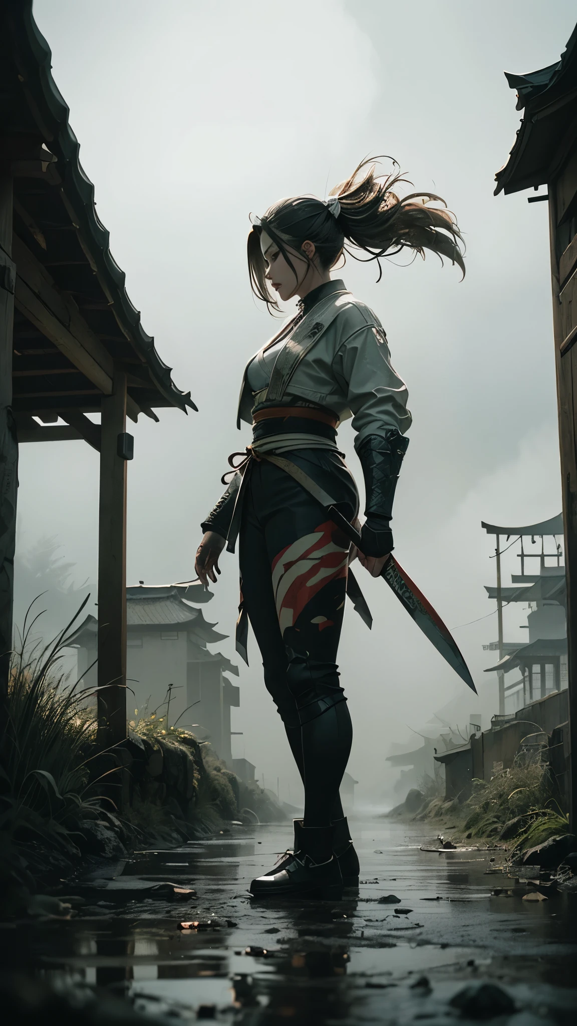 Ninja girl holding a kunai in rain,heavy fog,wind,night,highnoon,bamboo,grass on the ground,mudpit on the ground,film grain,black and white,traditional japanese art,oriental,cinematic,gweiz,sekiro,ghost of tsushima,reflex,handmade,art nouveau,detailed