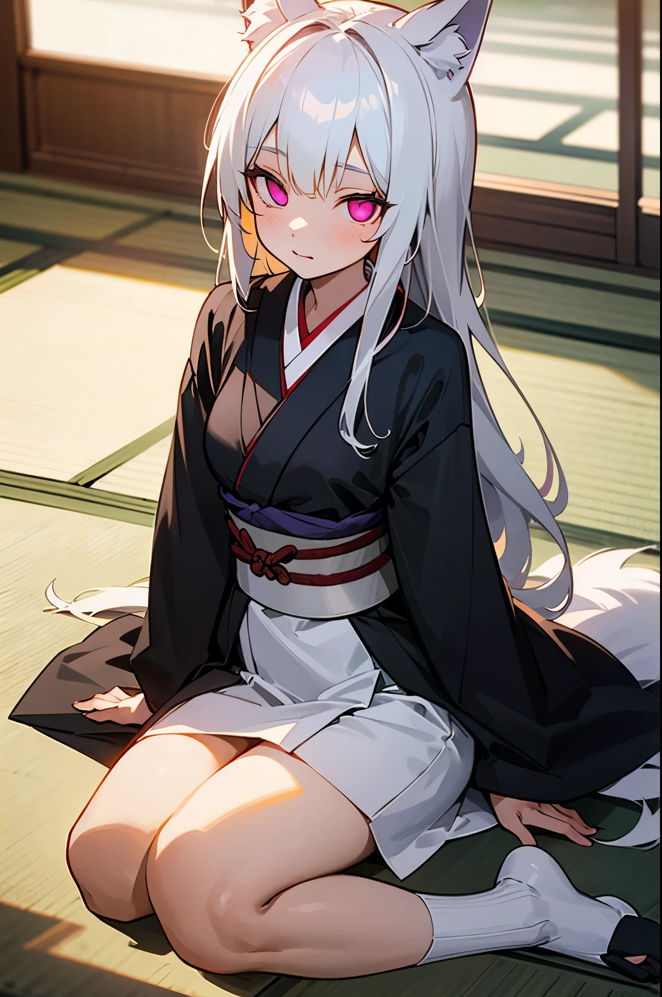 （（a girl））,slim body,sitting on the tatami,white hair,long hair,fox ears,eyes,black kimono,obi,shoulder cutout,