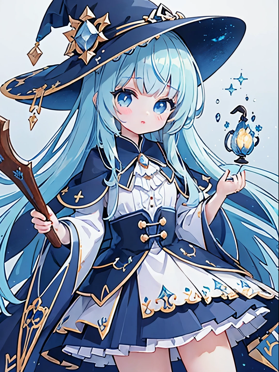 Extremely detailed CG unified 8k wallpaper, Very beautiful 8KCG wallpaper, absurd， ，best quality ，Super detailed ，pretty face  ，​Masterpiece、​Masterpiece、Top image quality、top quality、patterson bangs、blue hair、Light blue witch costume、witch hat、light blue face、Both sides face up、light blue eyes、cute little