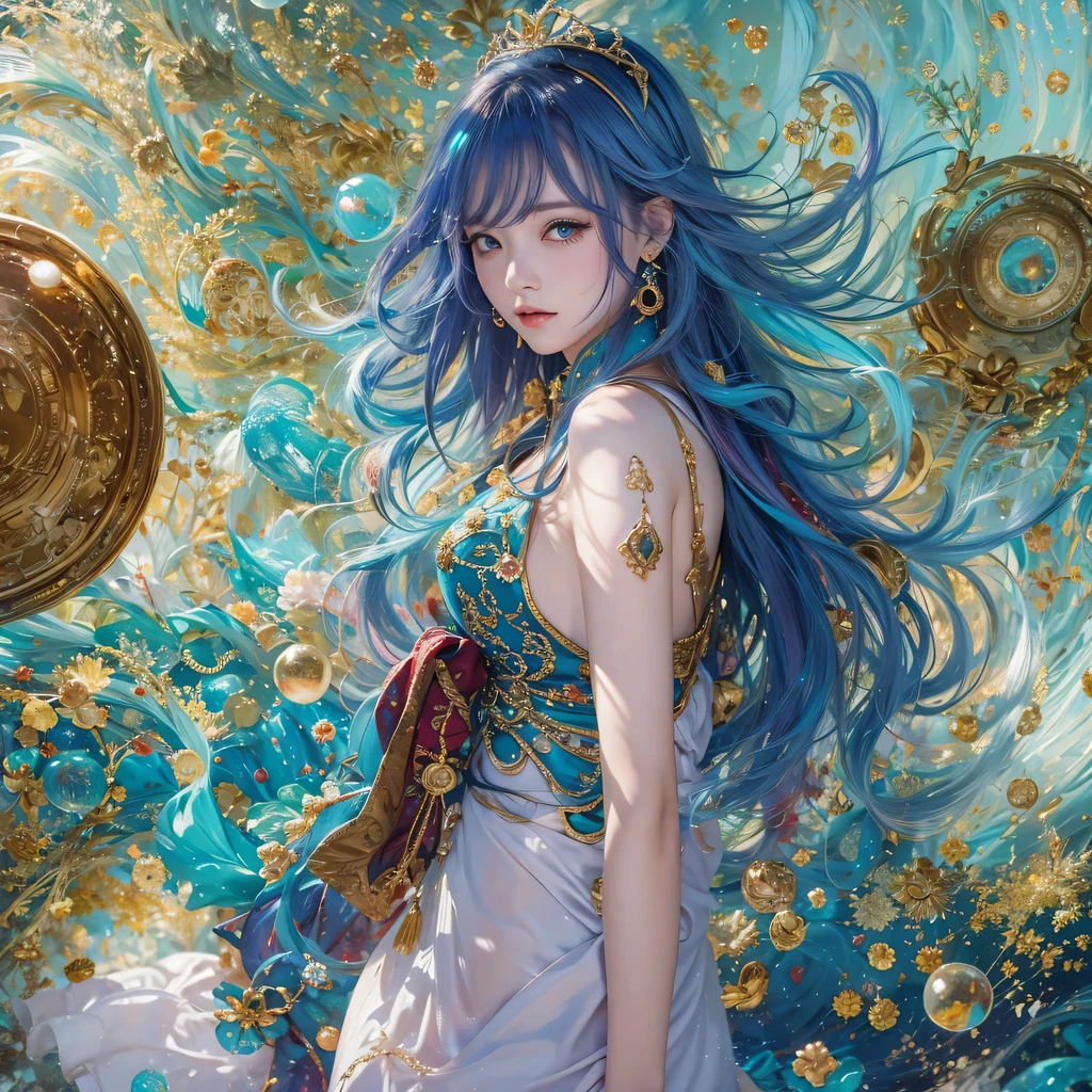 blue,blue,enamel,agate,A flesh-colored world,Blood Blue Maiden 32k(masterpiece,HD,Aoyama Pond,超HD,32k)长长的飘逸亮blue头发,blood pool,Ziddink, a color,grumpy (After greeting), (Linen scarf), fighting stance, looking at the ground, long white hair, 漂浮的亮blue, Fire cloud gold headdress, Chinese long-sleeved gold silk burgundy garment, (Abstract metaverse splash:1.2), White background,Peony flower vitality protector(realistically:1.4),bright purple hair,Smoke on the road,The background is very pure, high resolution, detail, RAW photos, Sharp Re, Nikon D850 film photo by Jefferies Lee 4 Kodak Portra 400 camera F1.6 guns, colorful, Ultra-realistic and vivid textures, dramatic lighting, Unreal Engine Art Station Trend, Sinest 800,一个有着长长的飘逸亮blue头发的女孩,huge colorful bubbles