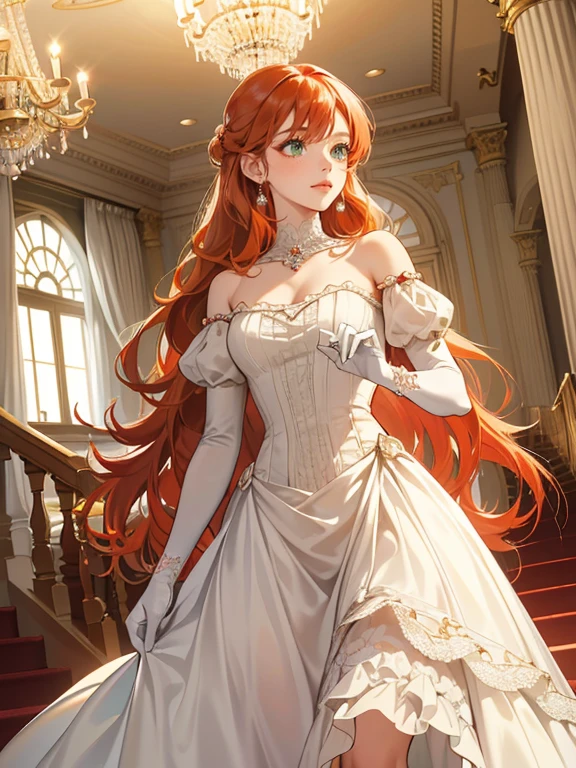 (absurdres, highres, ultra detailed), 1 woman, solo, (1 female with red-orange hair, long wavy hair, diamond jewelry on her hair, wearing white ballroom dress, wearing a white mask with lace and diamonds, low cut dress, showing neck, clavicles, shoulders exposed, evening dress, white dress with puffy sleeves, long white gloves, minimal make up, green eyes, expression: blushing shyly)(pose: walking down a grand staircase while holding her skirt)(background: ballroom, victorian ballroom, cool evening lighting, evening sky seen through the french windows, chandelier on ceiling)